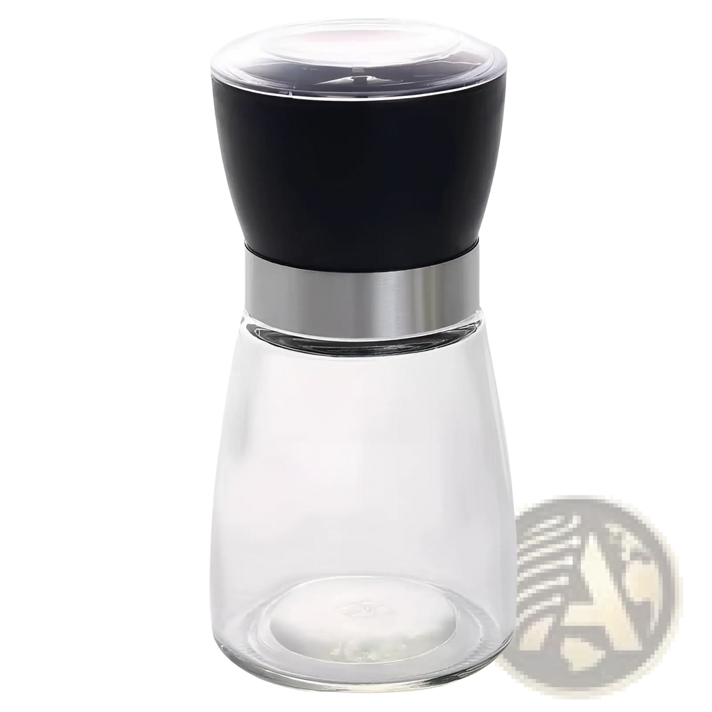 Clear glass pepper mill with black top and silver metallic band from stainless steel glass 4 pack grinder set