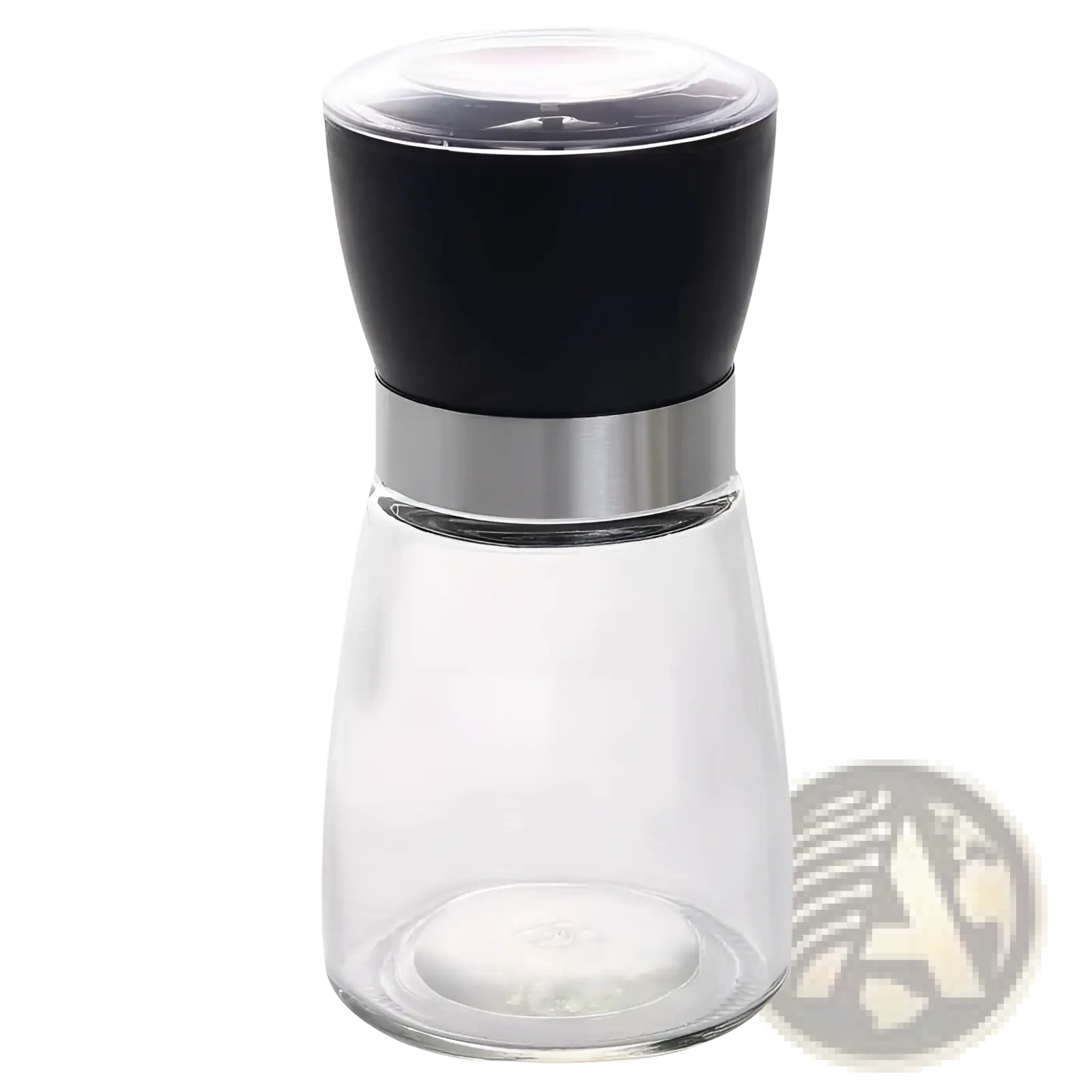 Clear glass pepper mill with black top and silver metallic band from stainless steel glass 4 pack grinder set