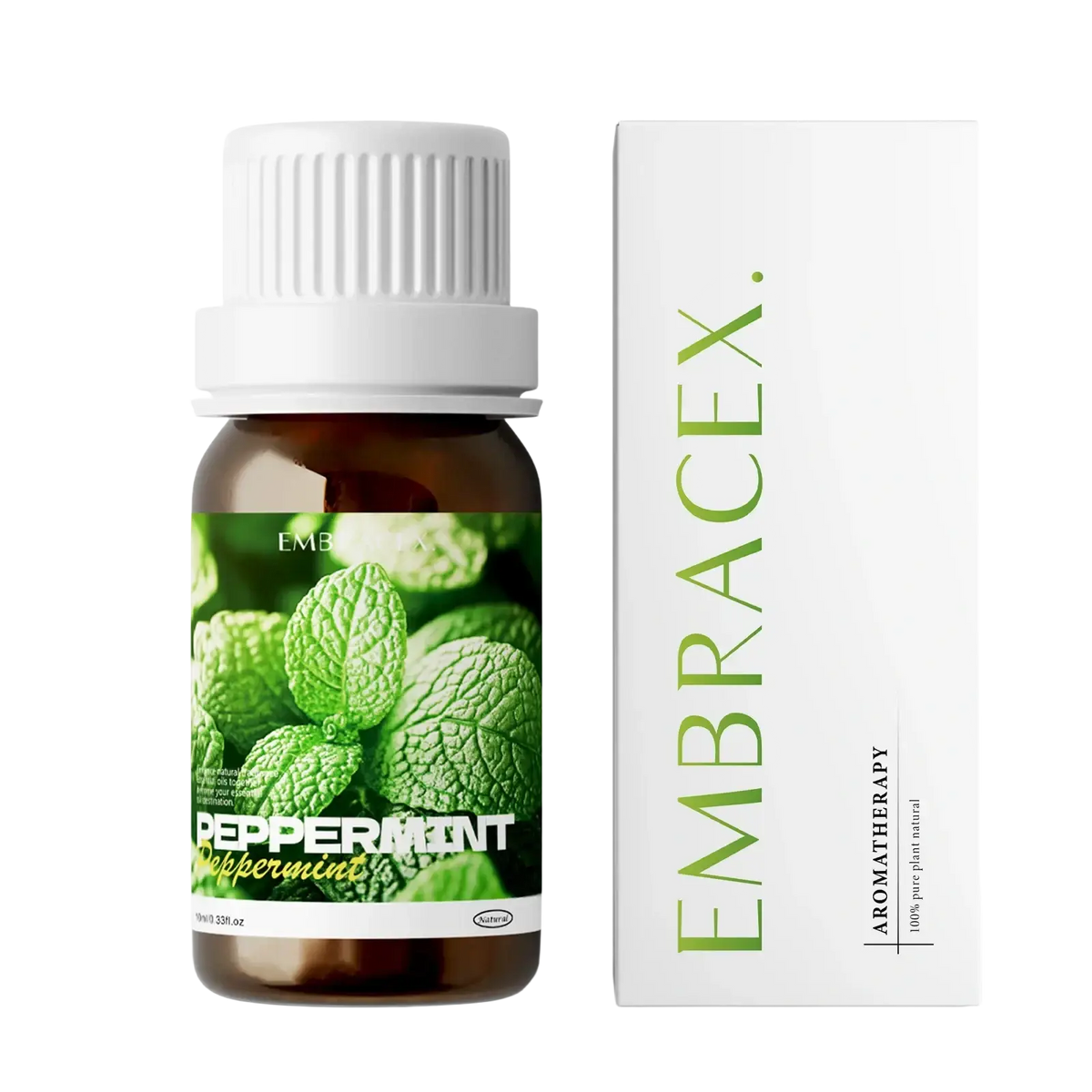 A small amber glass bottle of embrace aromatherapy peppermint essential oil with a white cap for skin and hair care