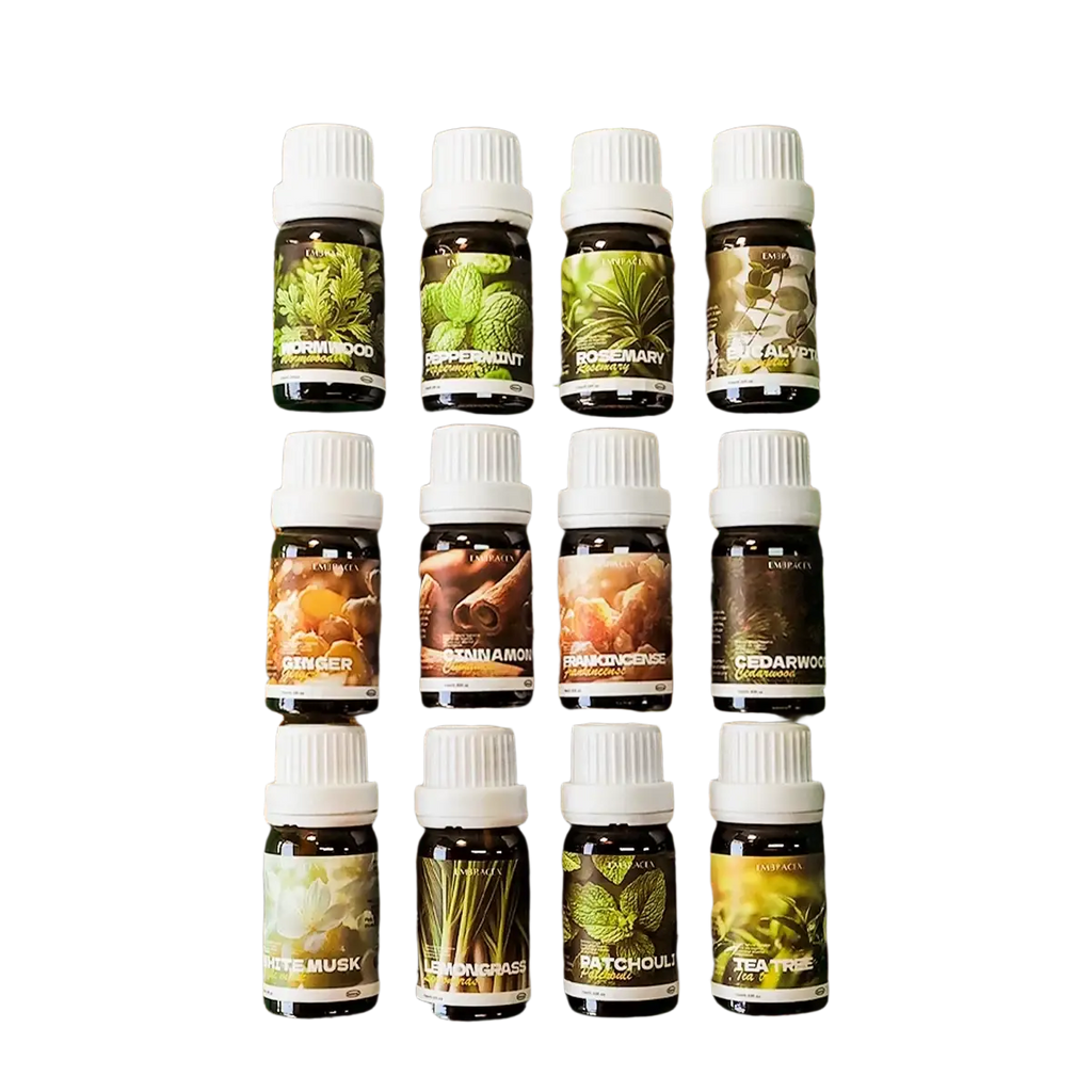 Twelve dark glass bottles with white caps labeled essential oils featuring botanical illustrations for oil diy and skin care