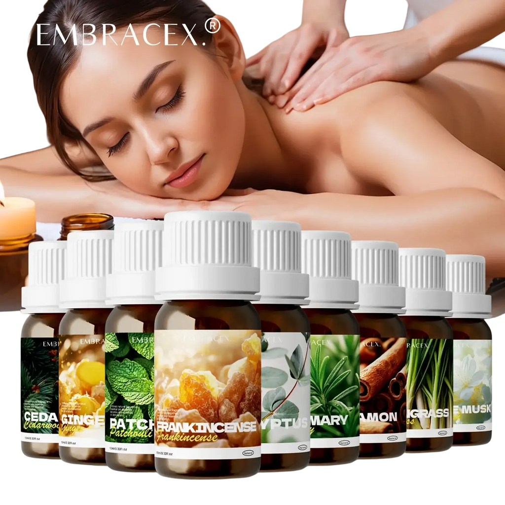 Set of eight amber glass essential oil bottles with white caps and botanical labels for oil diy skin and hair care