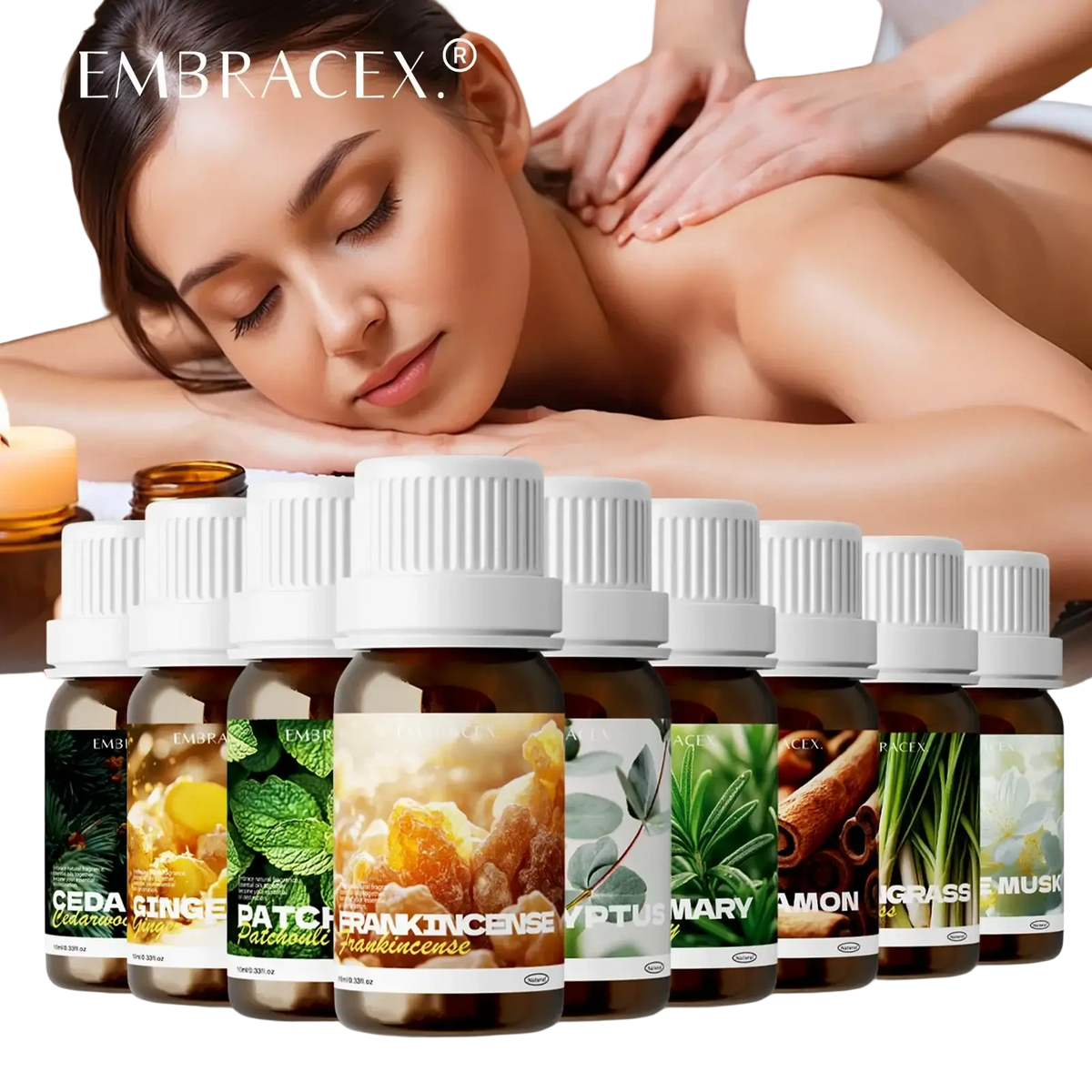 Set of eight amber glass essential oil bottles with white caps and botanical labels for oil diy skin and hair care