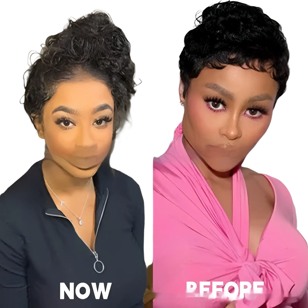 Split-screen showing before and now photos of a woman highlighting peppermint hair oil for scalp care and growth benefits