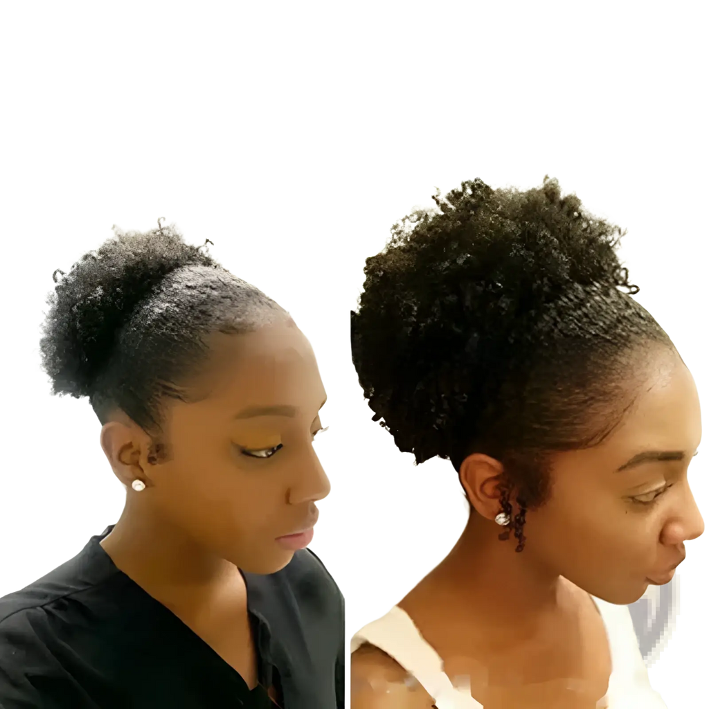 A woman with voluminous dark curly hair styled in a high bun showcasing peppermint hair oil for scalp care and growth