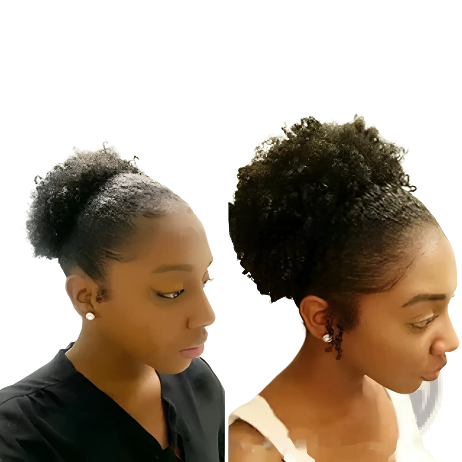 A woman with voluminous dark curly hair styled in a high bun showcasing peppermint hair oil for scalp care and growth