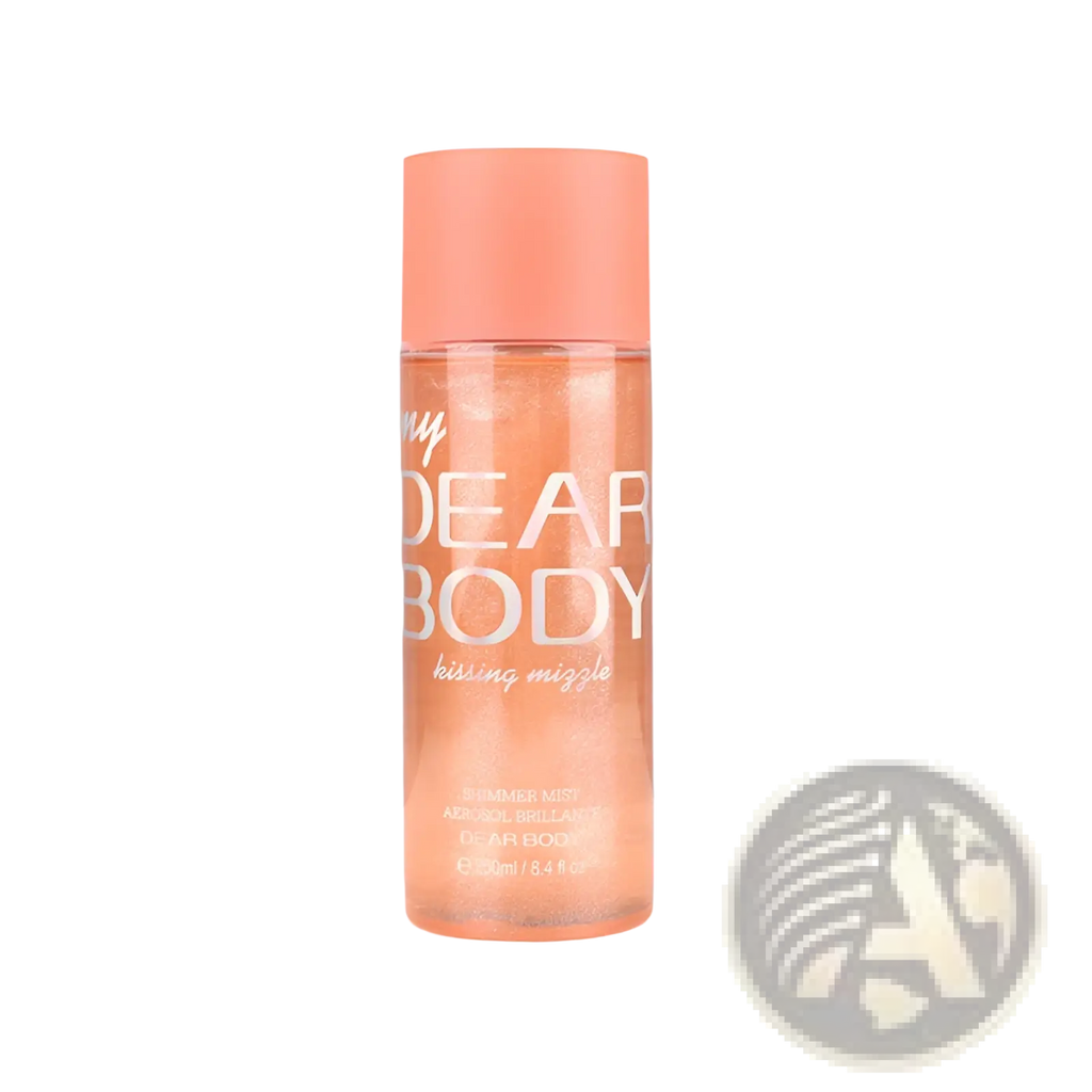 A peach-colored transparent bottle with matching cap containing orange-hued shimmering mist named dear body kissing mizzle
