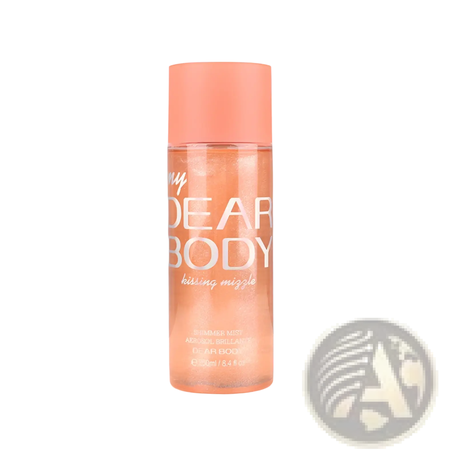 A peach-colored transparent bottle with matching cap containing orange-hued shimmering mist named dear body kissing mizzle