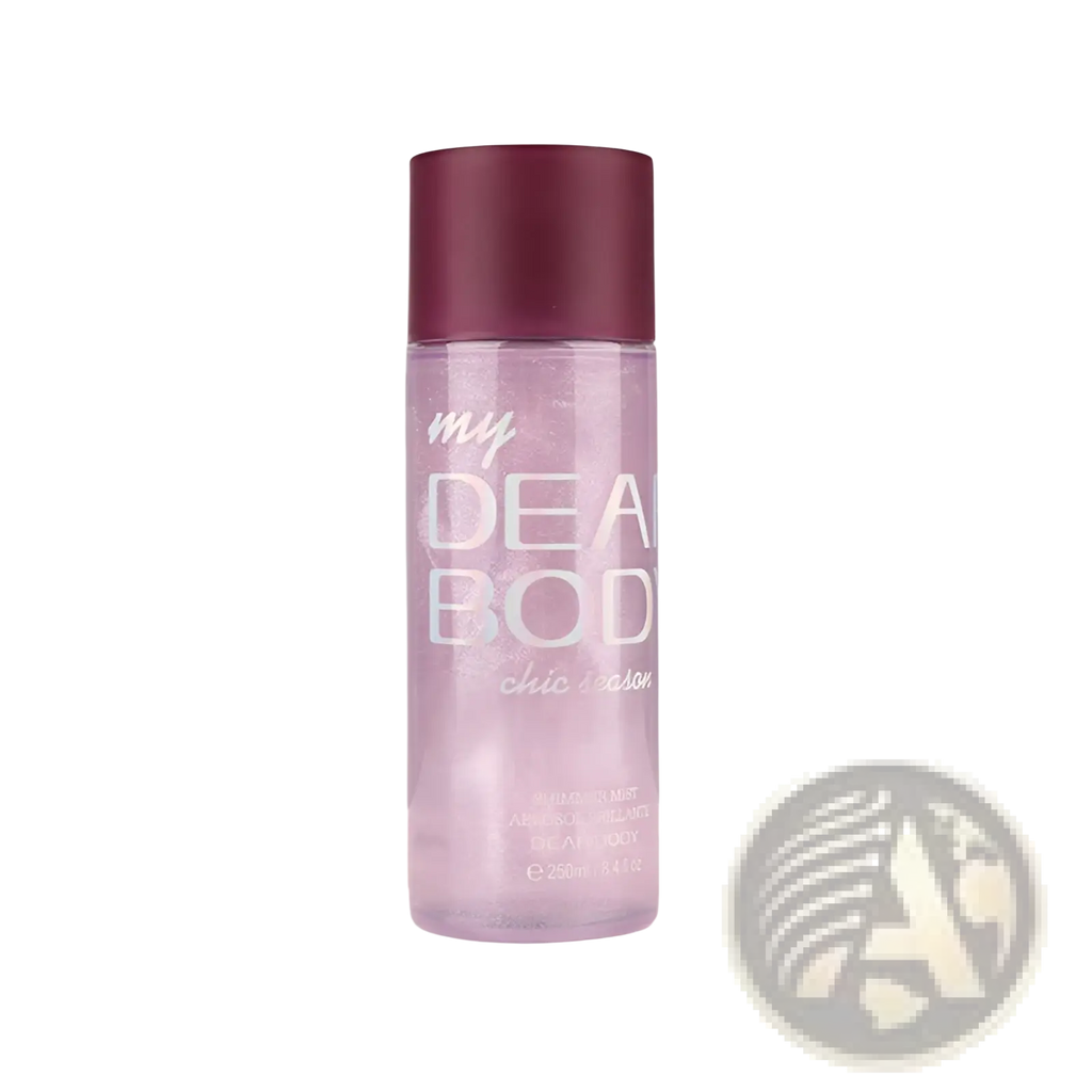 A translucent lavender perfume essential oil bottle with a matte burgundy cap labeled my Dear Body sparkling mist 250ml