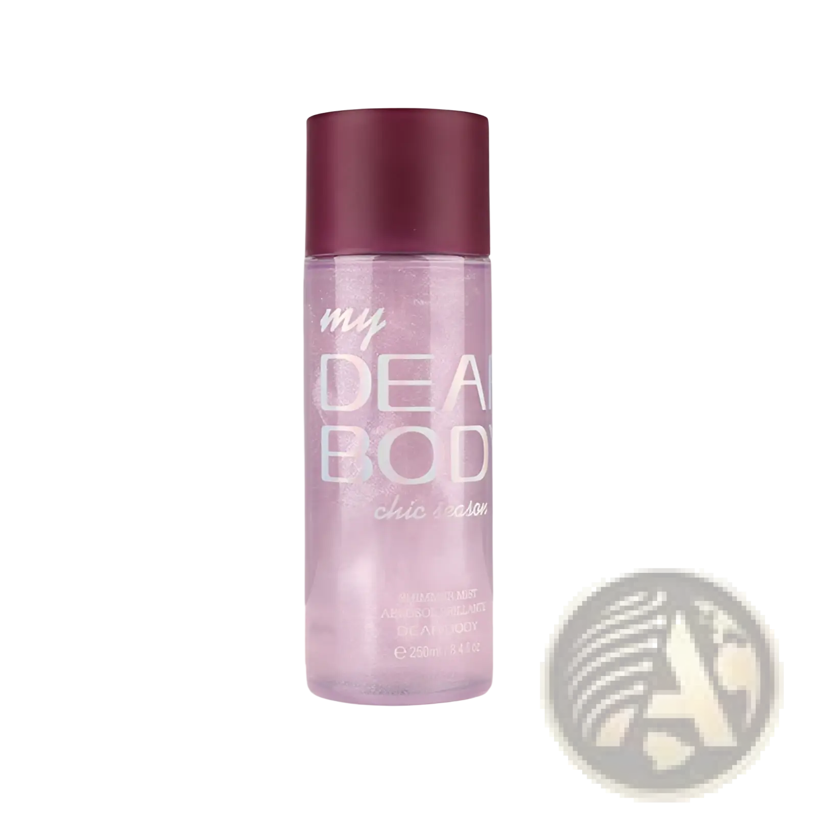 A translucent lavender perfume essential oil bottle with a matte burgundy cap labeled my Dear Body sparkling mist 250ml