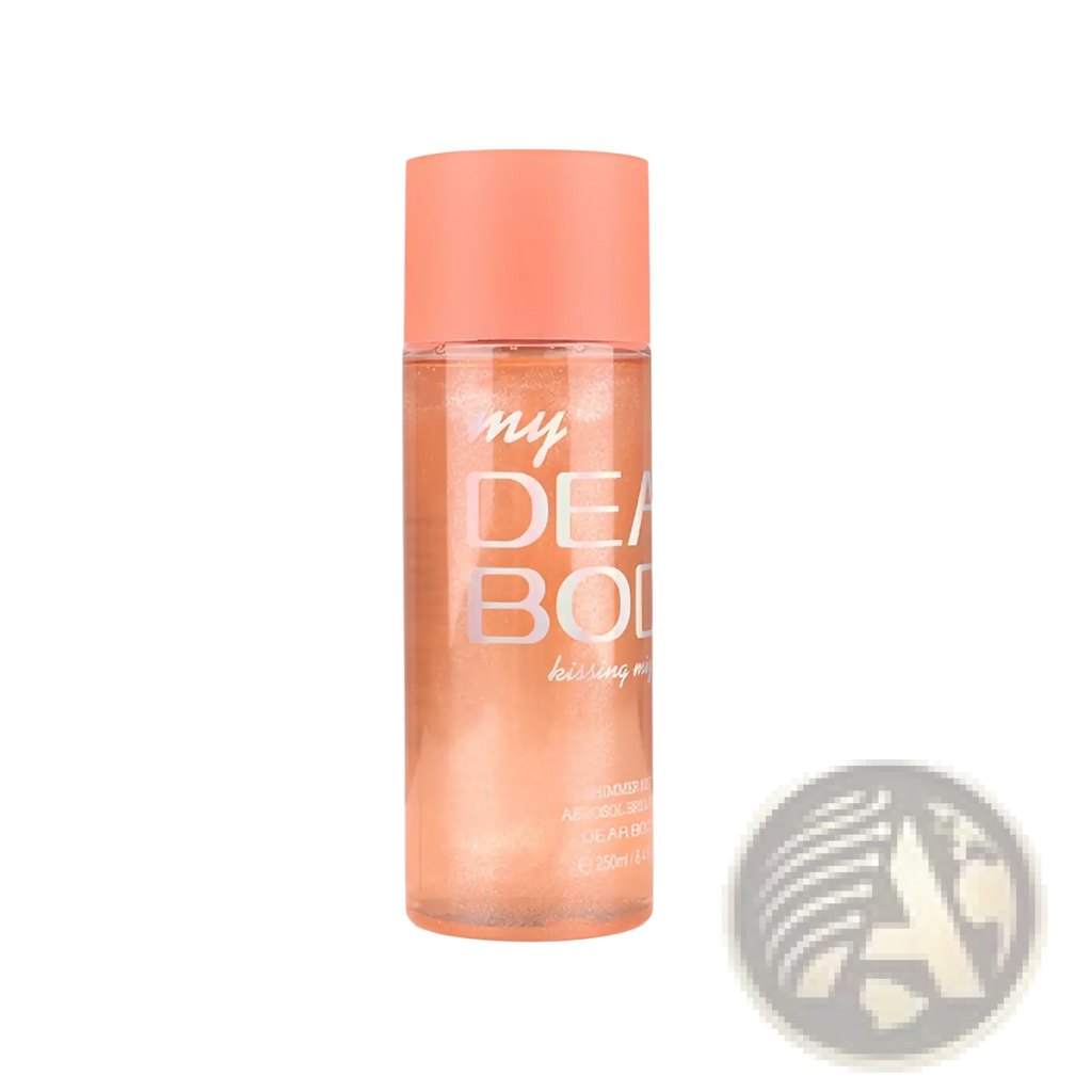 A peach-colored transparent bottle of my Dear Body sparkling mist with orange glittery perfume essential oil