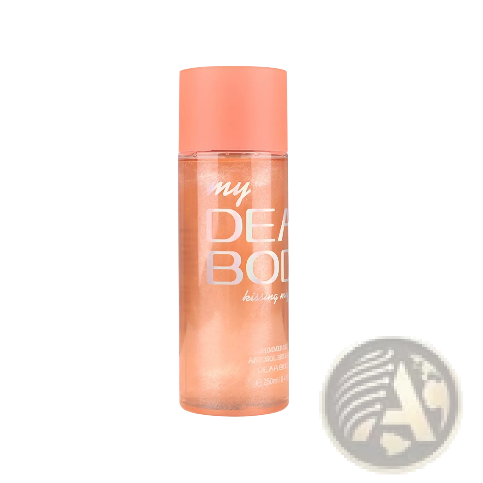 A peach-colored transparent bottle of my Dear Body sparkling mist with orange glittery perfume essential oil