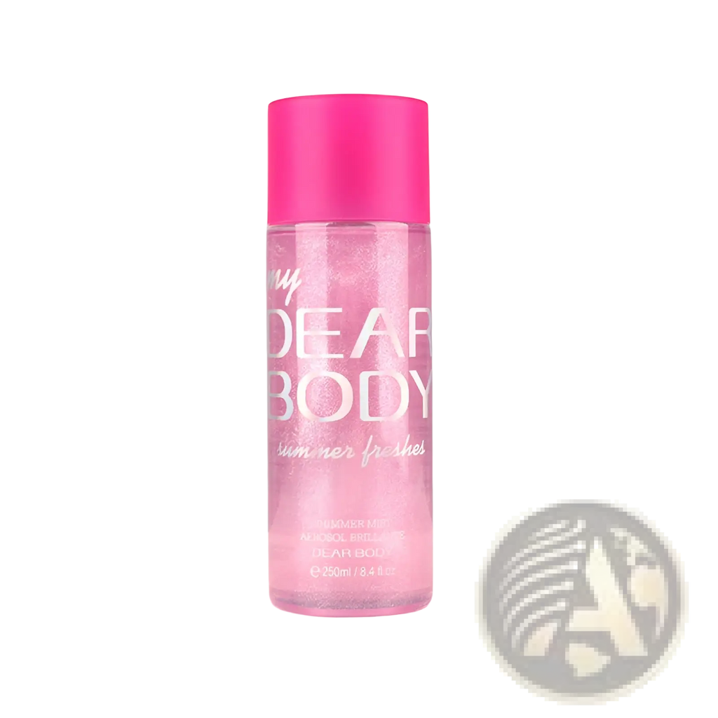 A vibrant pink glass spray bottle with glittery liquid for perfume essential oil my dear body sparkling mist