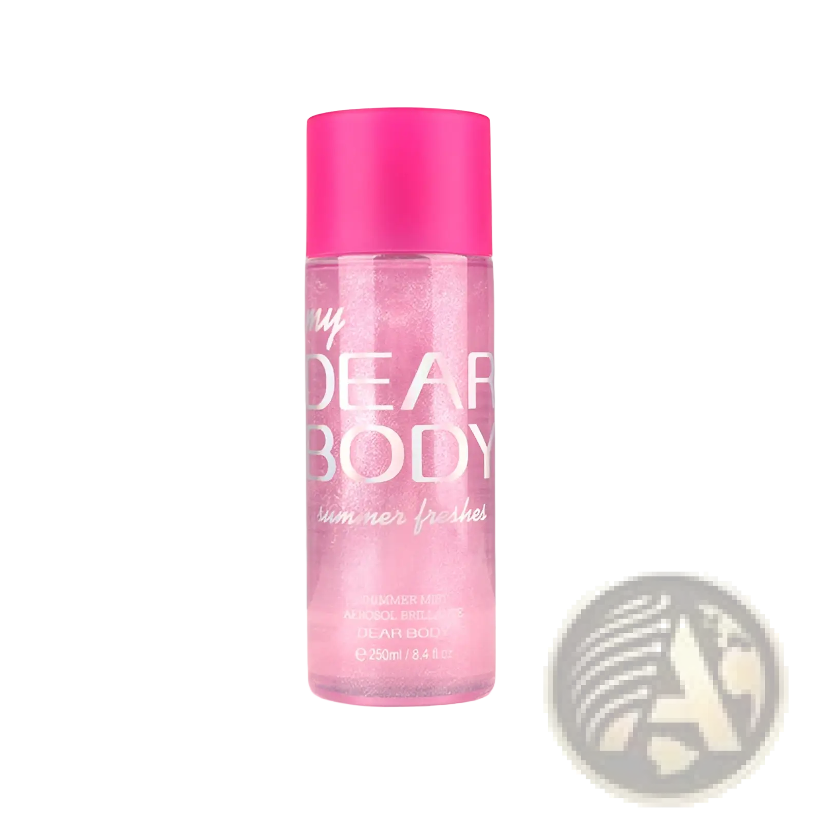 A vibrant pink glass spray bottle with glittery liquid for perfume essential oil my dear body sparkling mist