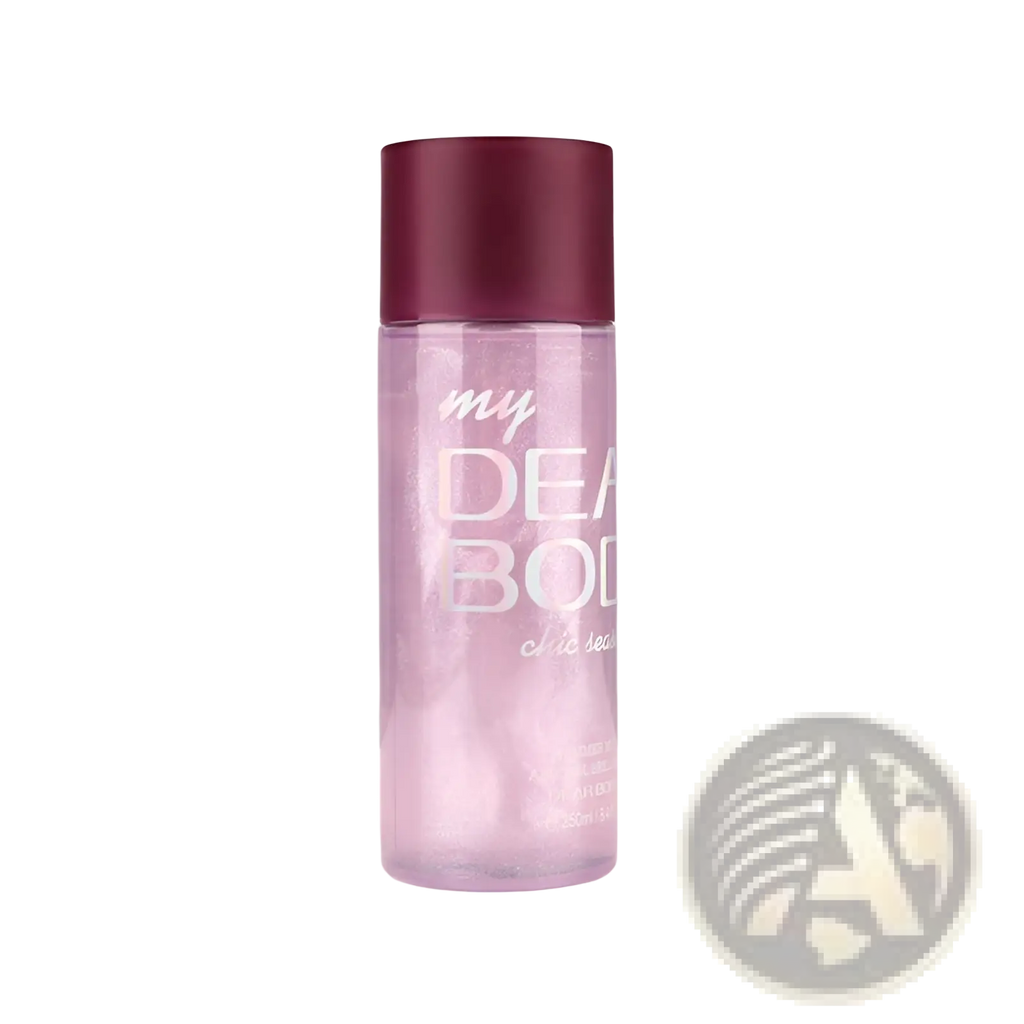 A translucent lavender perfume essential oil bottle with a matte burgundy cap and silver foil lettering containing shimmering liquid