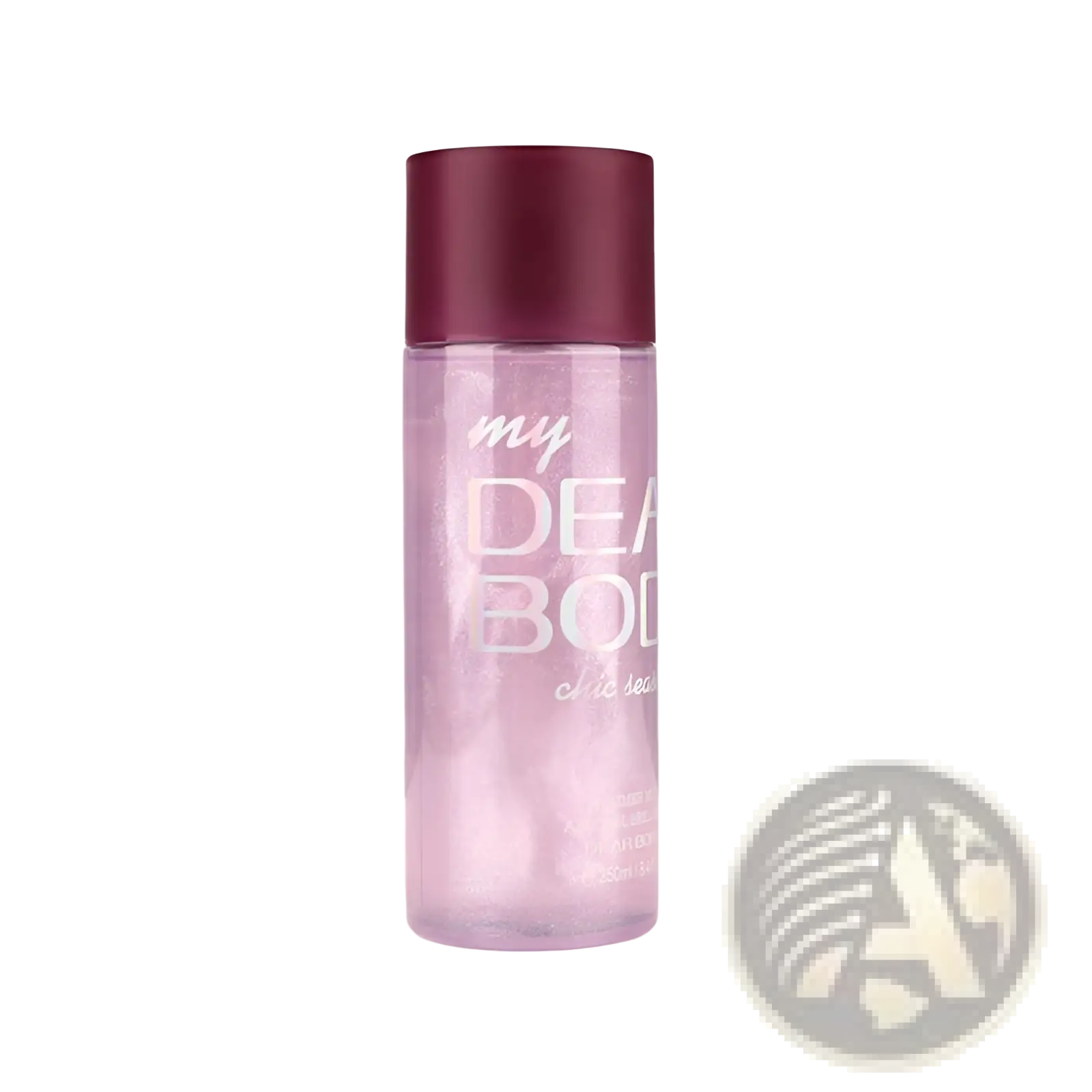 A translucent lavender perfume essential oil bottle with a matte burgundy cap and silver foil lettering containing shimmering liquid