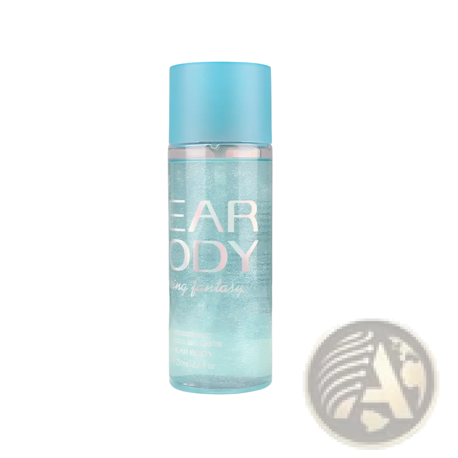 A clear glass bottle with a light blue cap containing frosted sparkling perfume essential oil my dear body mist
