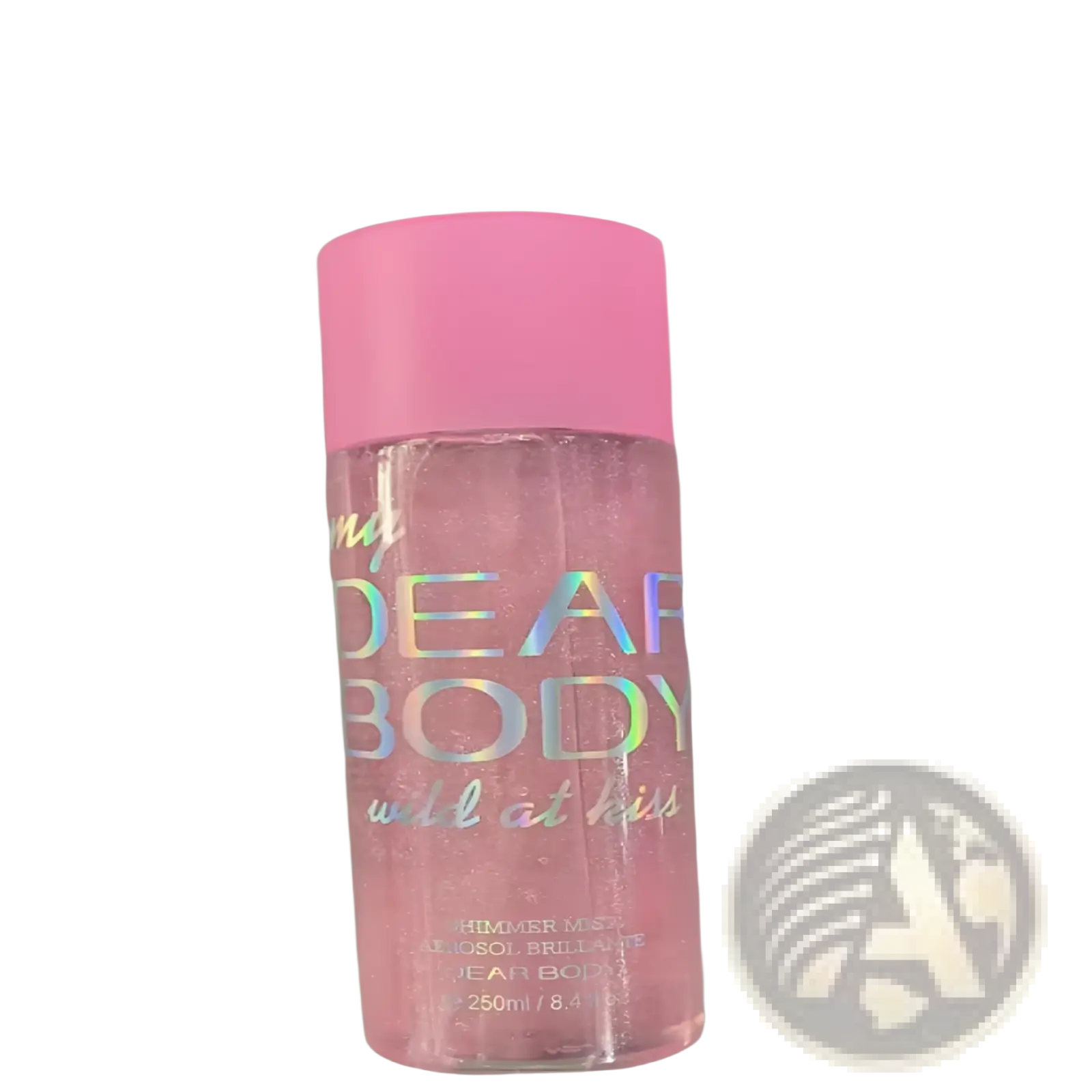 A pink-tinted clear plastic bottle with bright pink cap and holographic dear body label for perfume essential oil sparkling mist