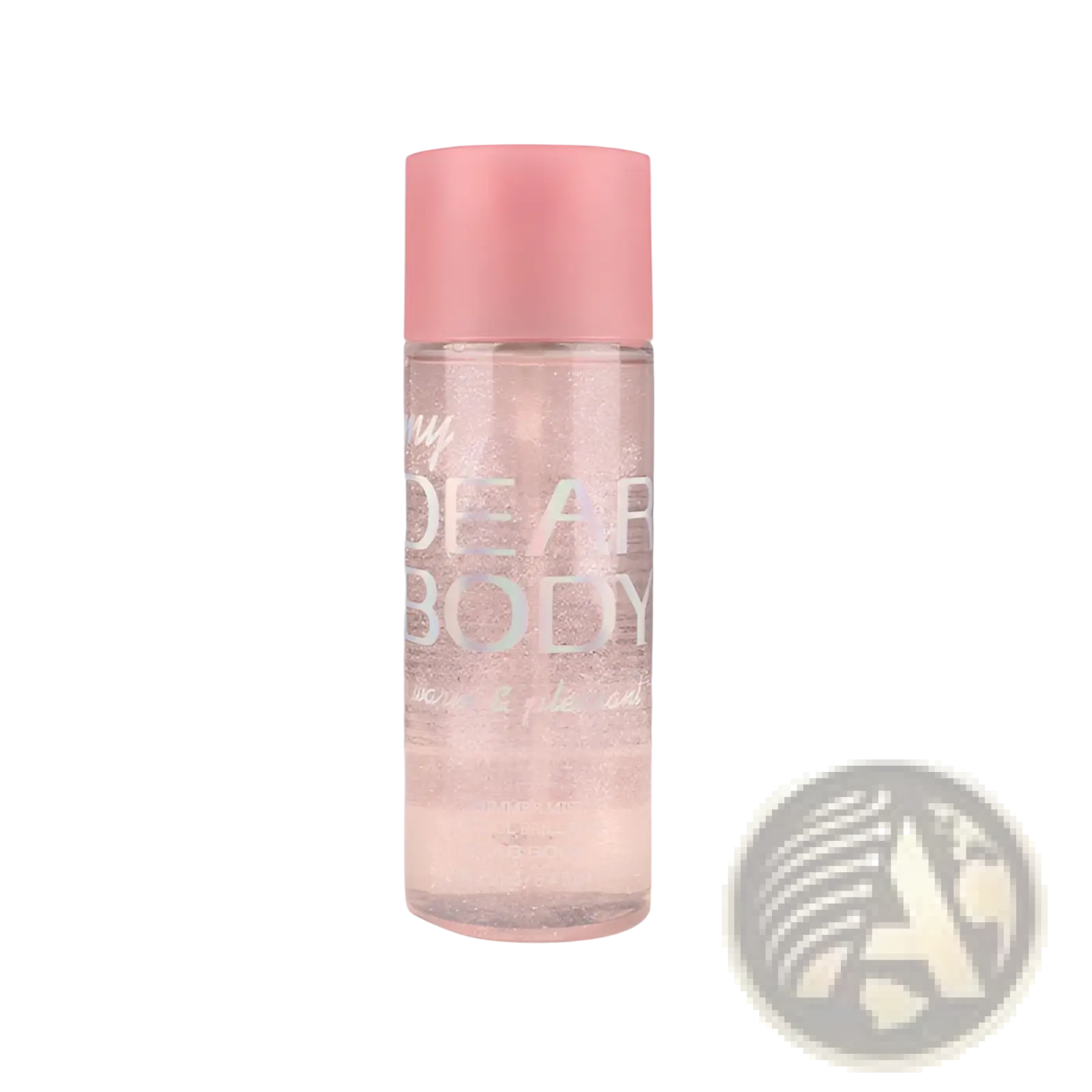 A clear glass bottle with a pink cap and iridescent dear body text contains translucent glittery perfume essential oil mist