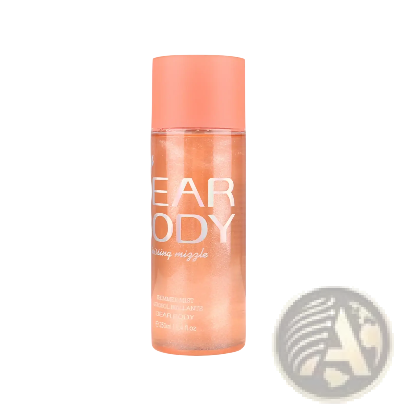 A clear glass bottle with peach cap and shimmering orange liquid labeled clear body by mistique perfume essential oil sparkling mist