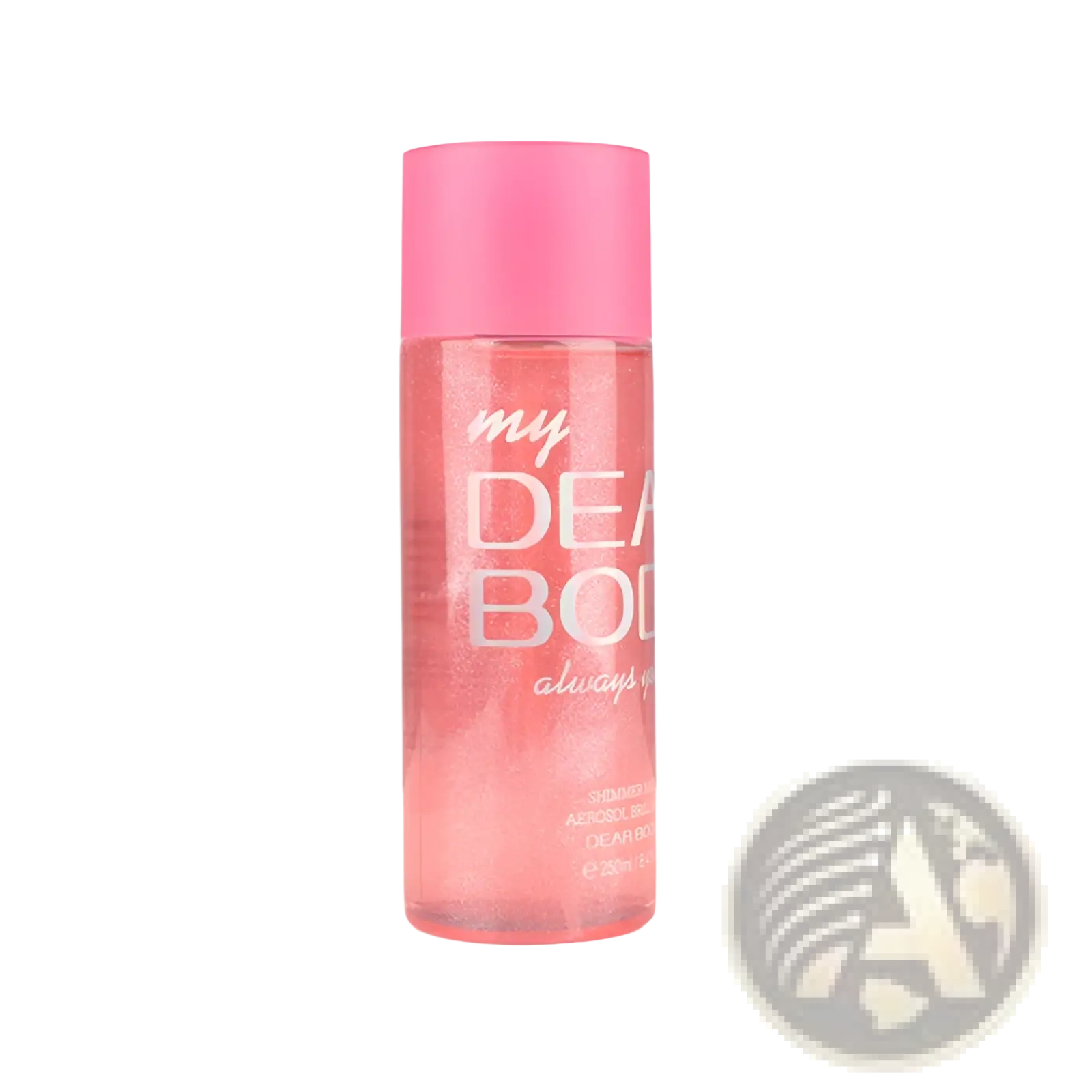 Pink-capped transparent bottle of my dear body sparkling body mist with glittery pink liquid and white cursive lettering