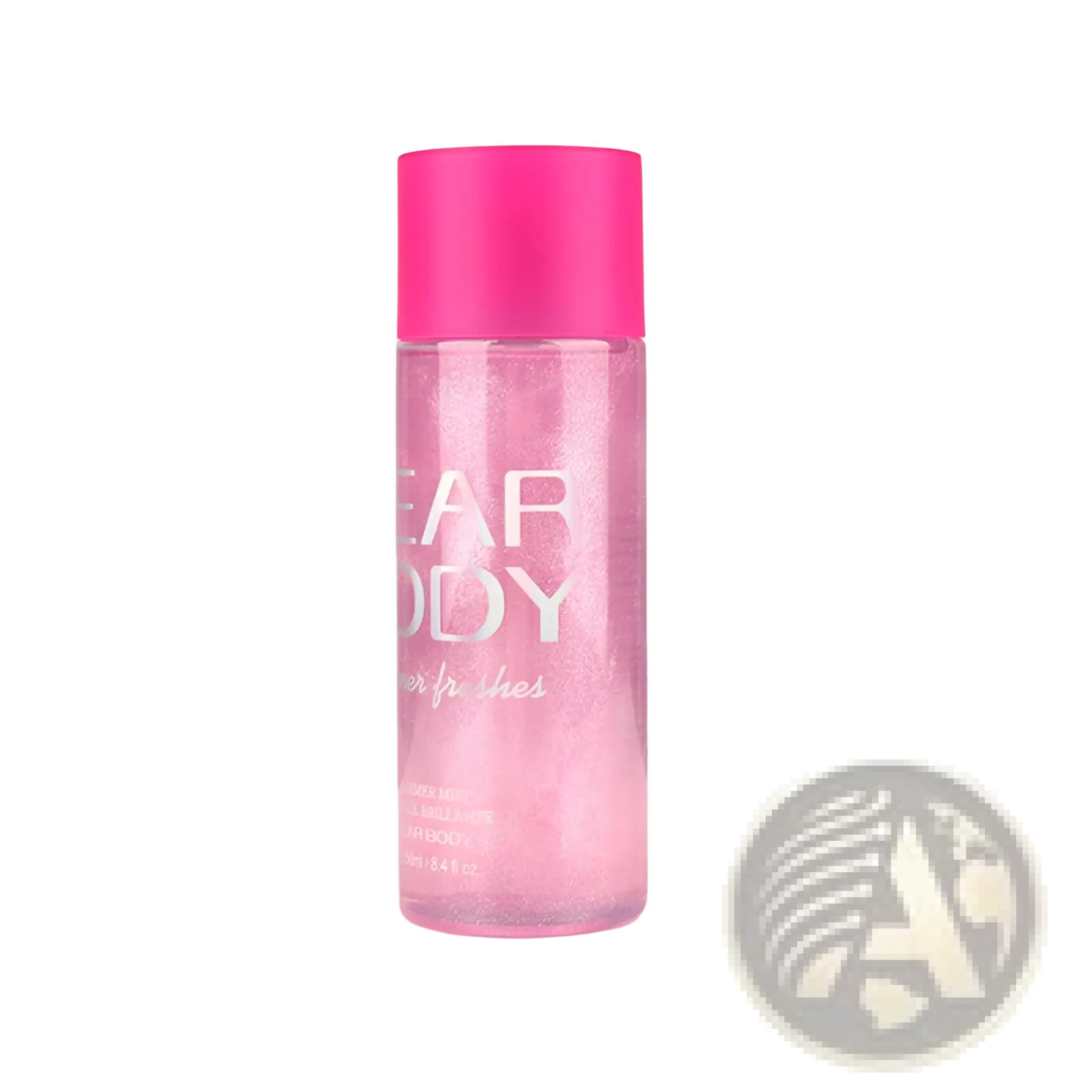 A translucent pink perfume essential oil bottle with a vibrant fuchsia cap and glittery liquid inside from Clear Body