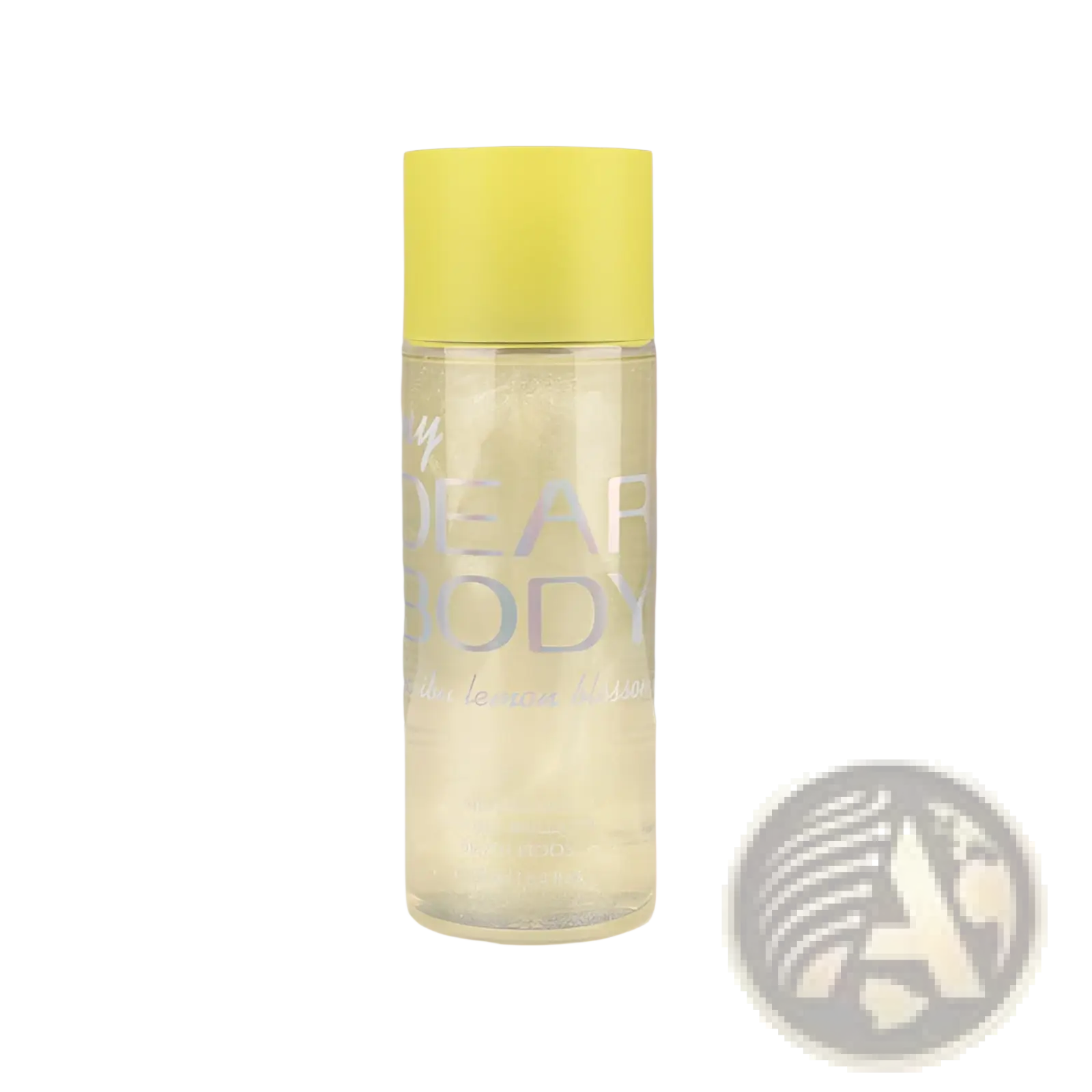 Clear glass bottle with bright yellow cap and iridescent dear body lettering holding pale yellow perfume essential oil mist