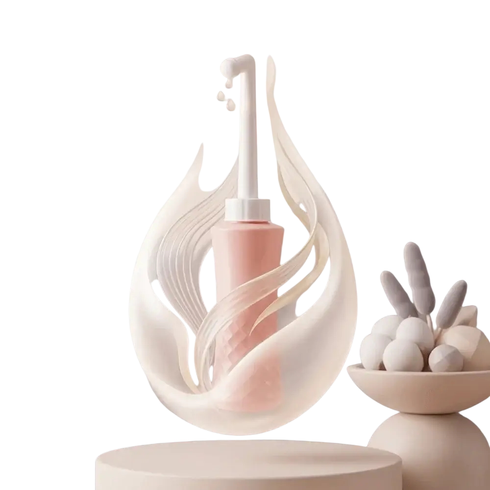 A sleek modern pink and white electric peri bottle postpartum perineal cleansing bottle with minimalist design