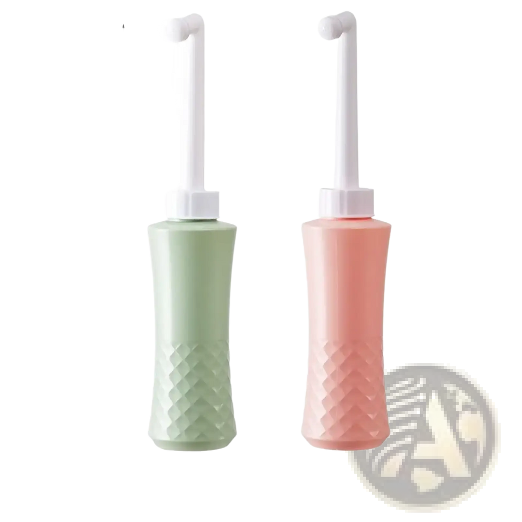 Two pastel-colored 34cm tall plastic perineal cleansing peri bottles with textured diamond bodies and white nozzles