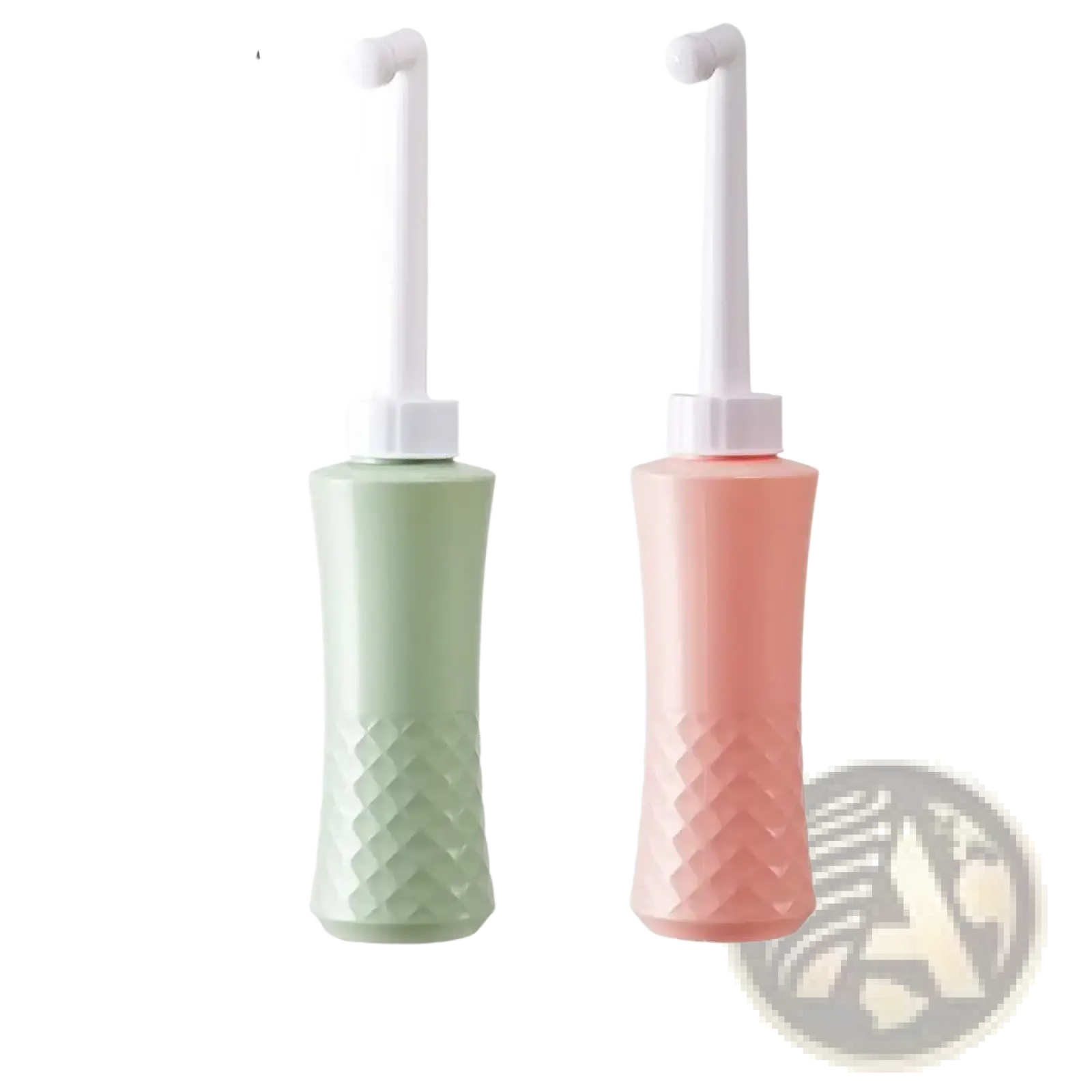 Two pastel-colored 34cm tall plastic peri bottles with diamond-patterned bodies and white nozzles for postpartum use
