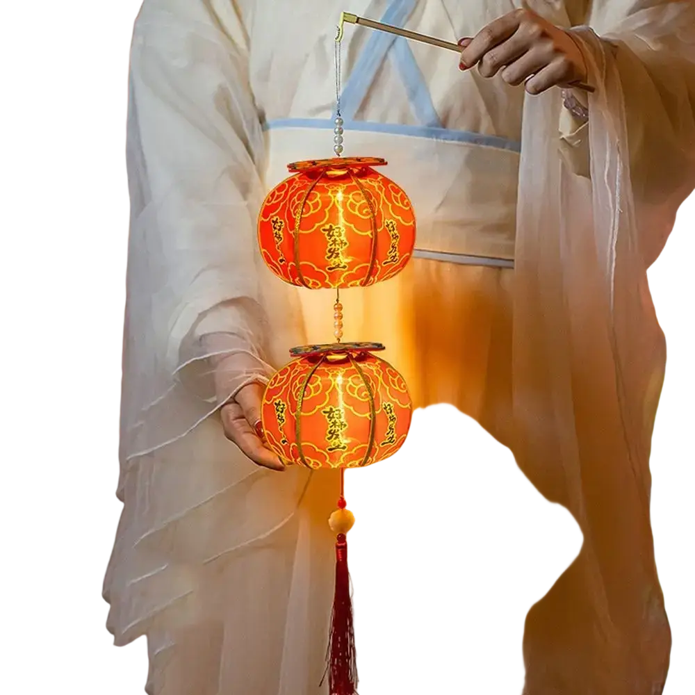 A persimmon lantern Chinese New Year led decor glowing orange with gold patterns and red tassel held by white robes