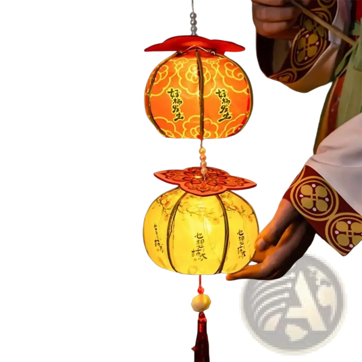 Persimmon lantern chinese new year led decor featuring orange and yellow paper lanterns with gold calligraphy and red tassels