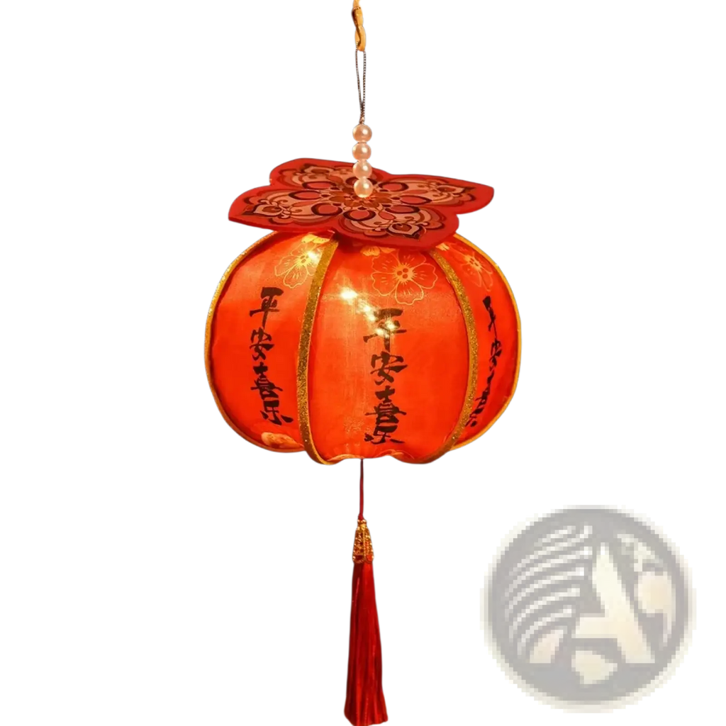 A glowing red persimmon lantern with gold trim, embroidered floral patterns, and chinese new year led decor features peace and joy characters