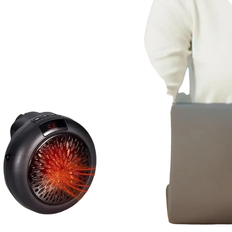 Black circular personal heater with red glowing element and digital display electric air heater for living room use
