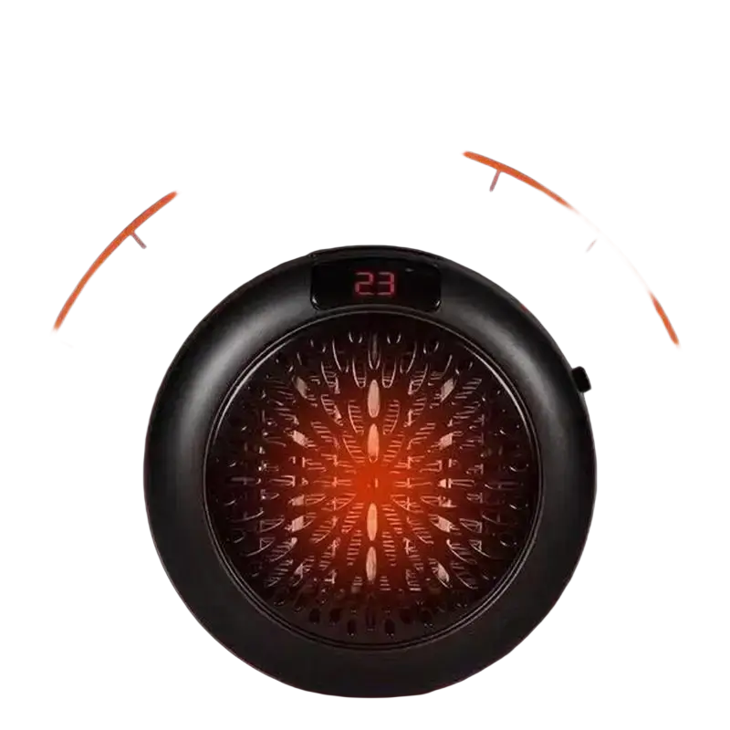 Black circular personal heater with glowing orange interior and digital display showing 23 for living room use electric air heater