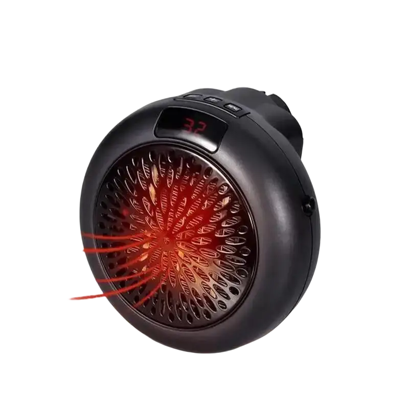 Black circular personal heater with fan blade airflow and red glowing element electric air heater for living room