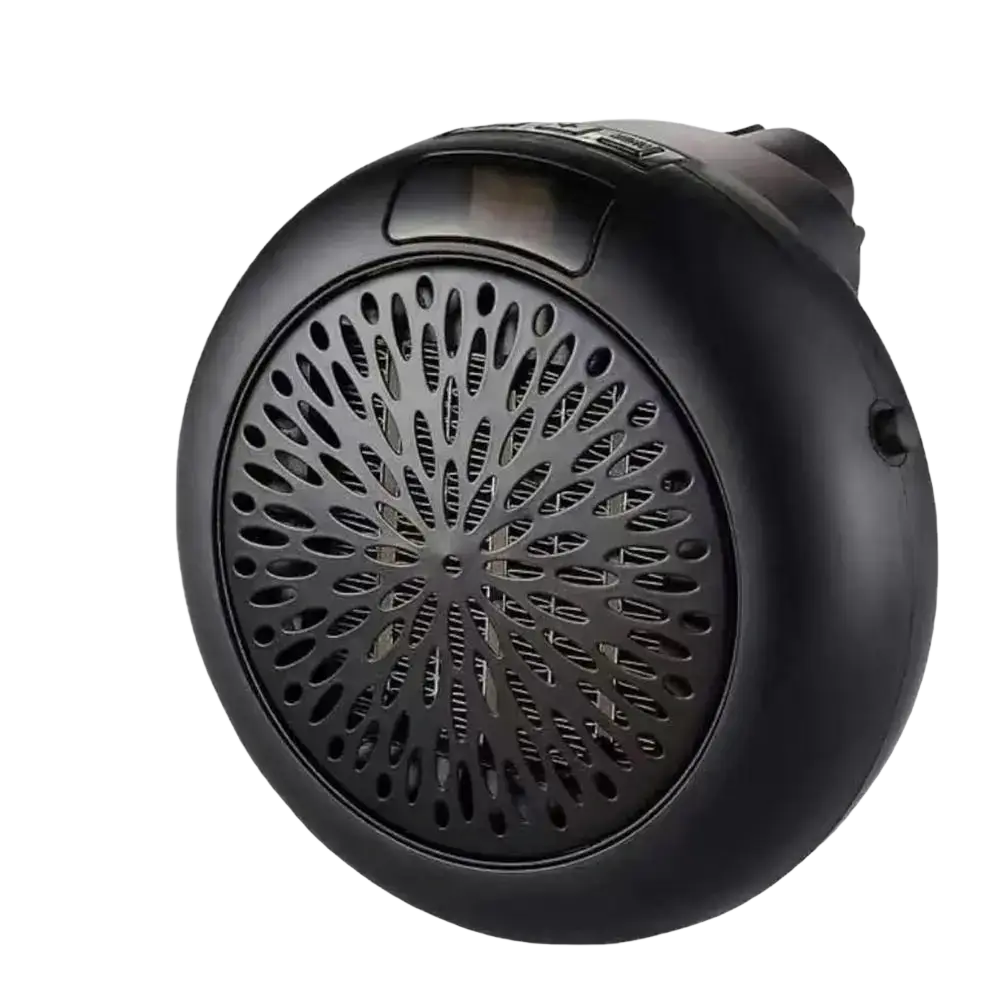 Black circular personal heater with perforated grille compact electric air heater for living room use