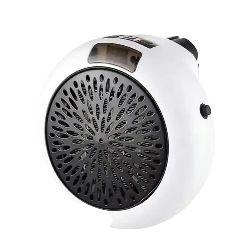 Compact white personal heater with black perforated grille and digital display electric air heater for living room use