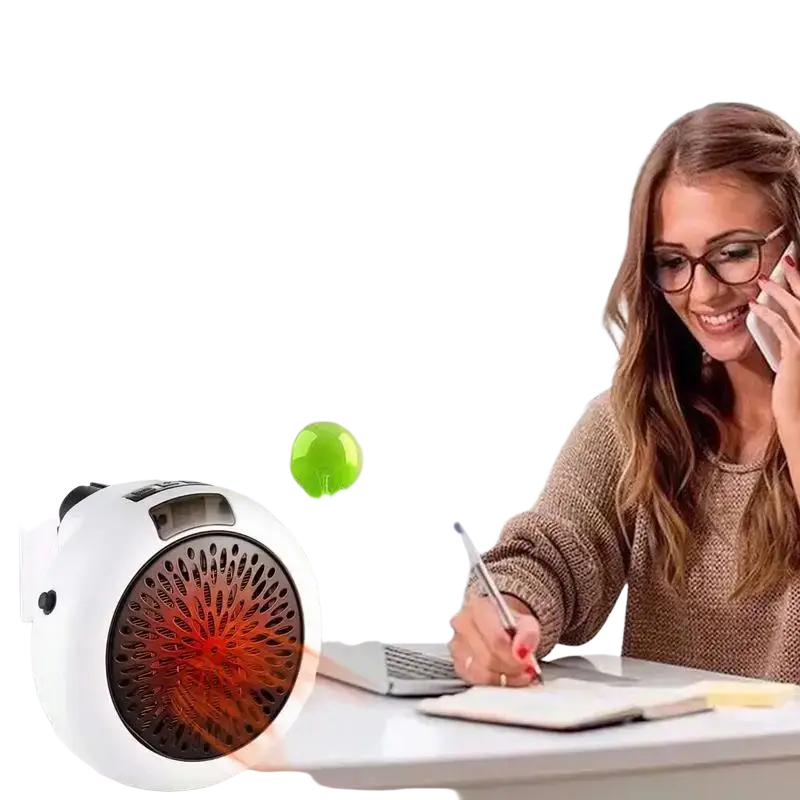 White circular wall-mounted personal heater with black mesh front and glowing element for living room electric air heater