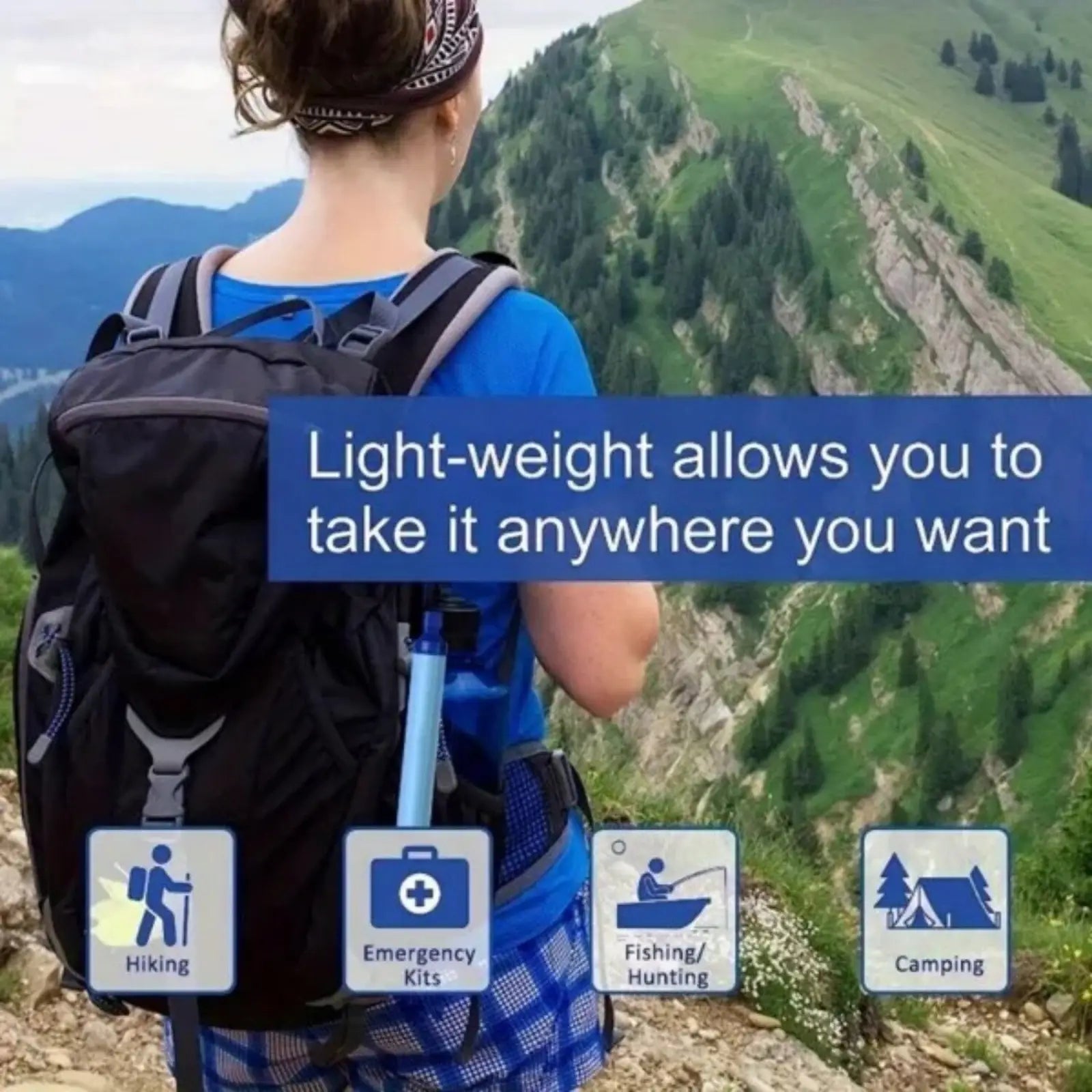 Black lightweight hiking backpack with gray straps and blue water bottle attached for personal water filter use