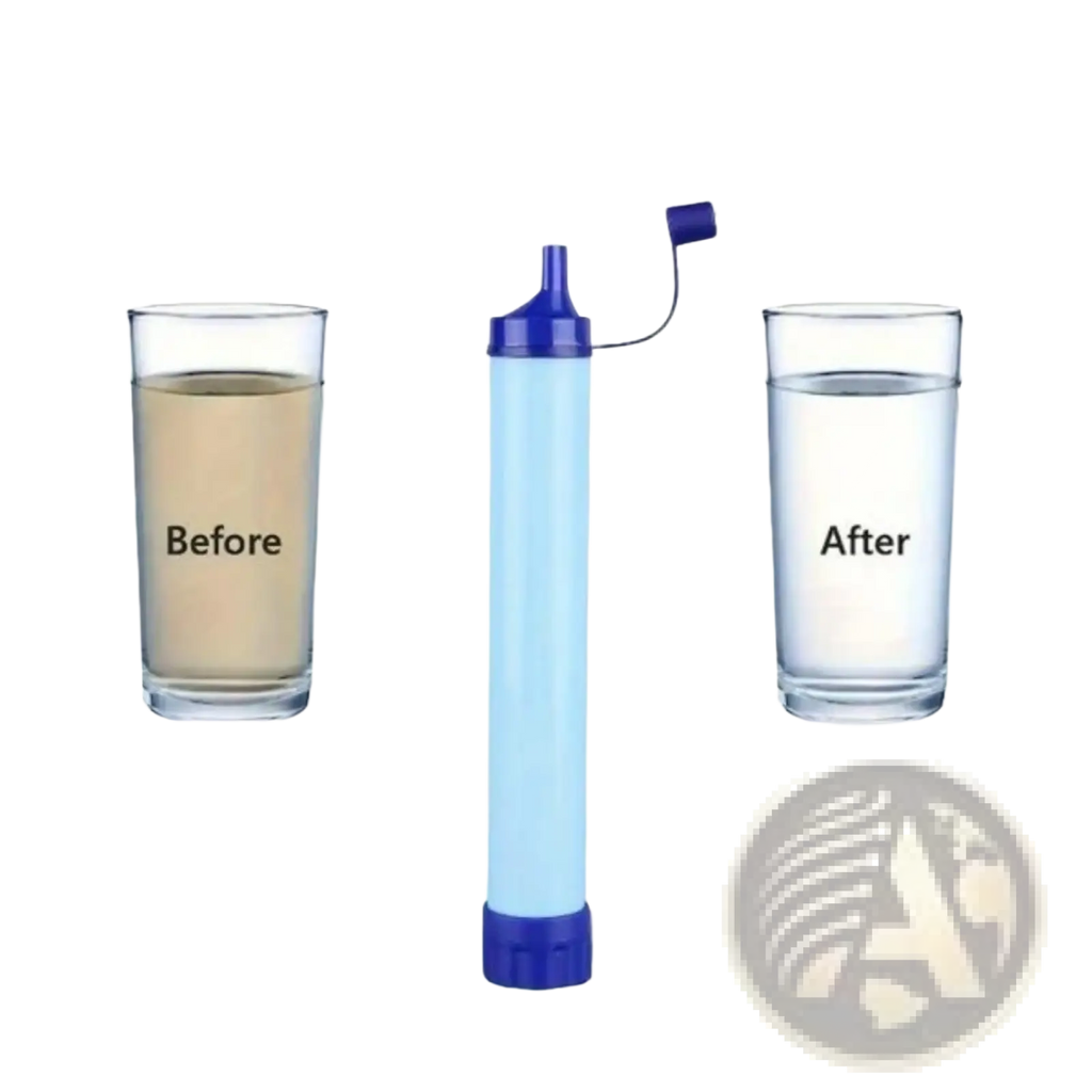 Personal water filter for hiking and emergency with blue clear cylindrical body and purple cap for portable purification