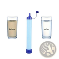 Personal water filter for hiking and emergency with blue clear cylindrical body and purple cap for portable purification