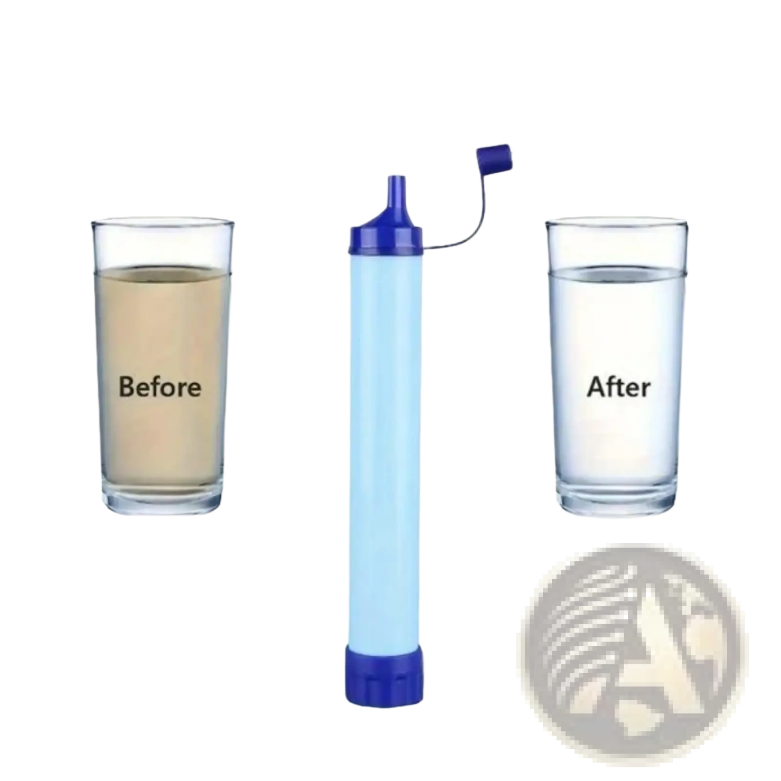 Personal water filter for hiking and emergency with blue clear cylindrical body and purple cap for portable purification