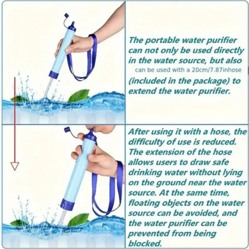 Light blue portable personal water filter with purple cap and strap for hiking and emergency use