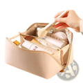 Beige faux leather personalised makeup bag with gold-toned zipper and internal compartments for cosmetics organization