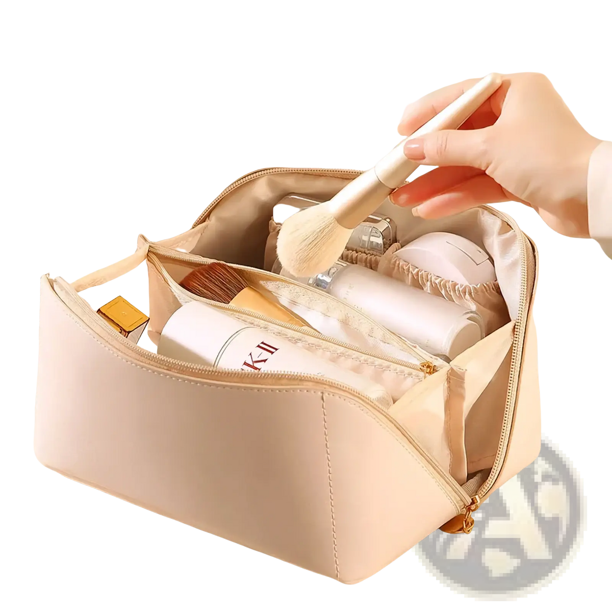 Beige faux leather personalised makeup bag with gold-toned zipper and internal compartments for cosmetics organization