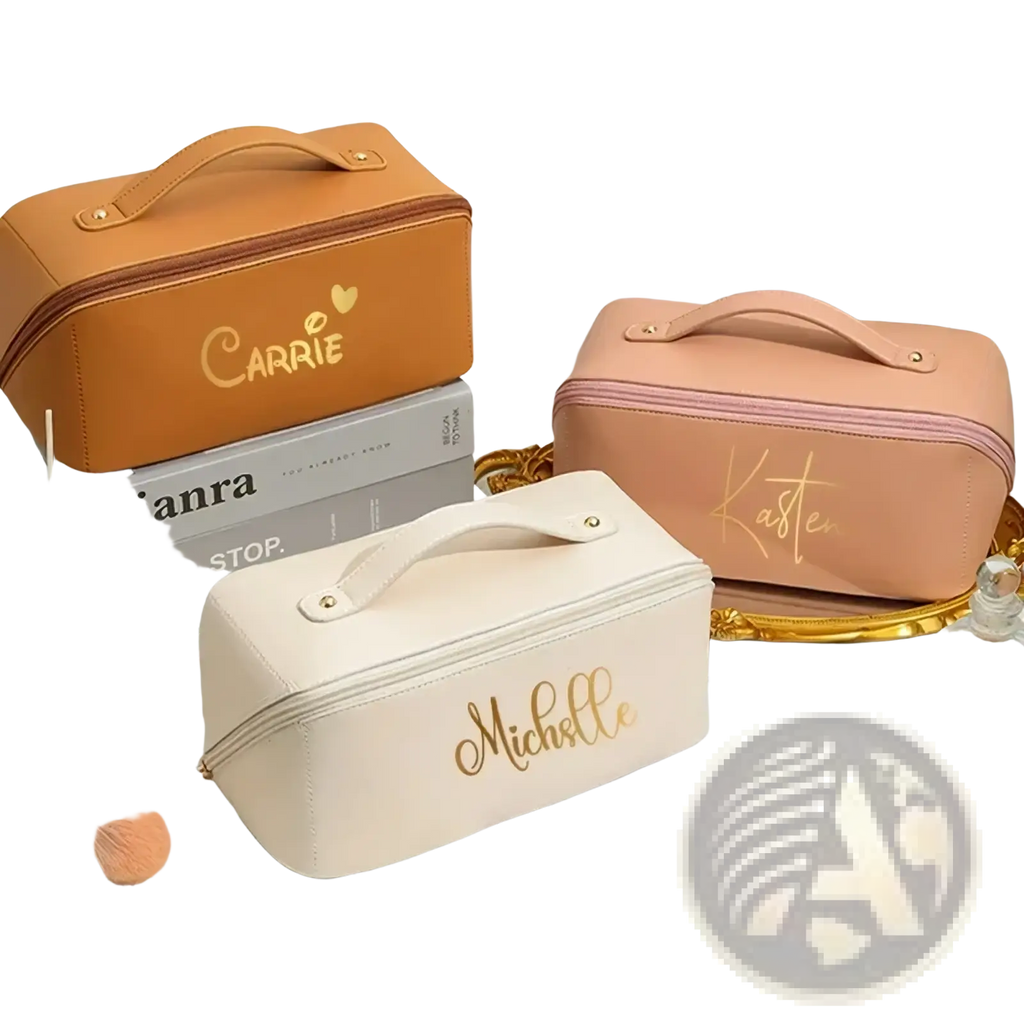 Beige personalised pu cosmetic pouch with gold cursive name michelle and matching zipper with top handle