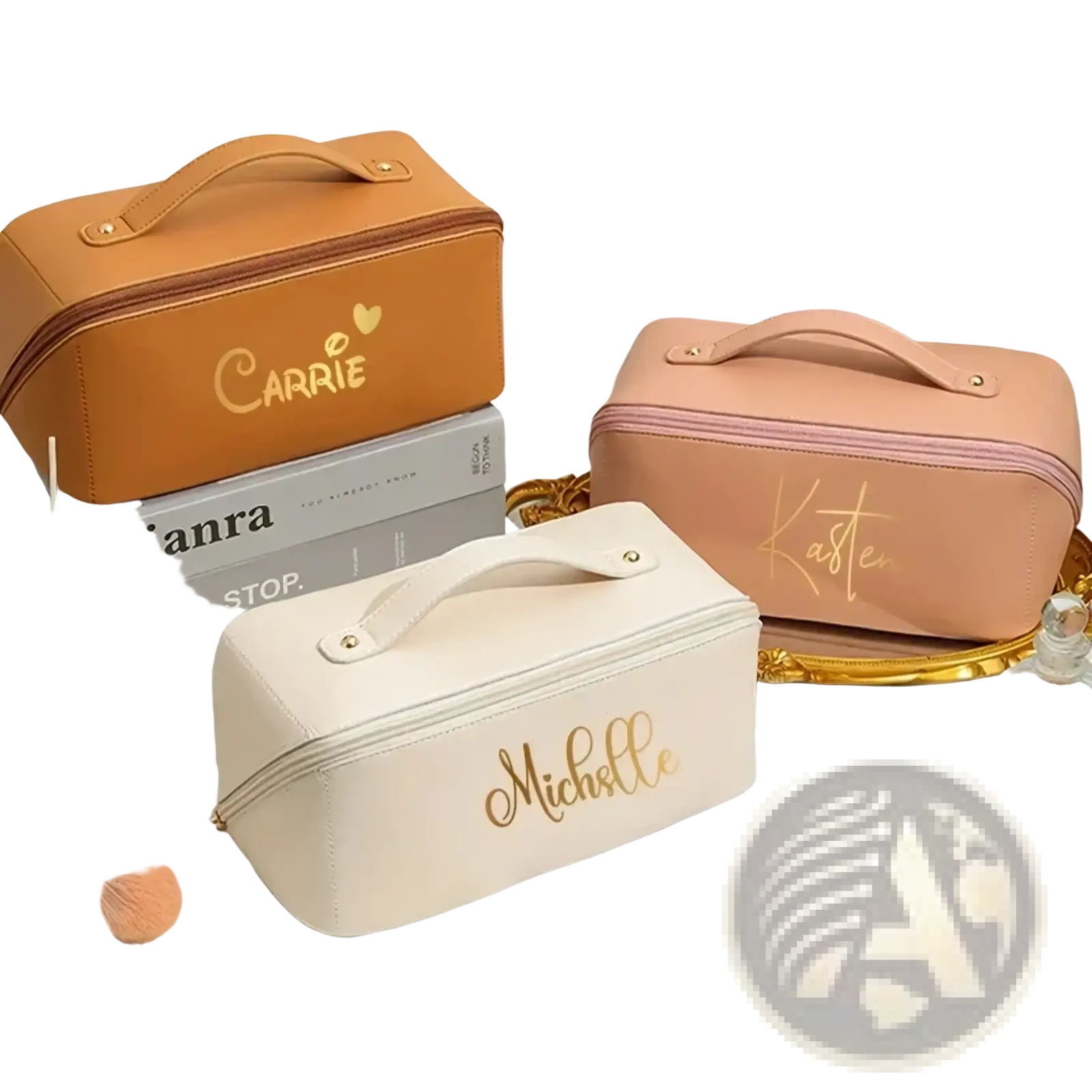 Beige personalised pu cosmetic pouch with gold cursive name michelle and matching zipper with top handle