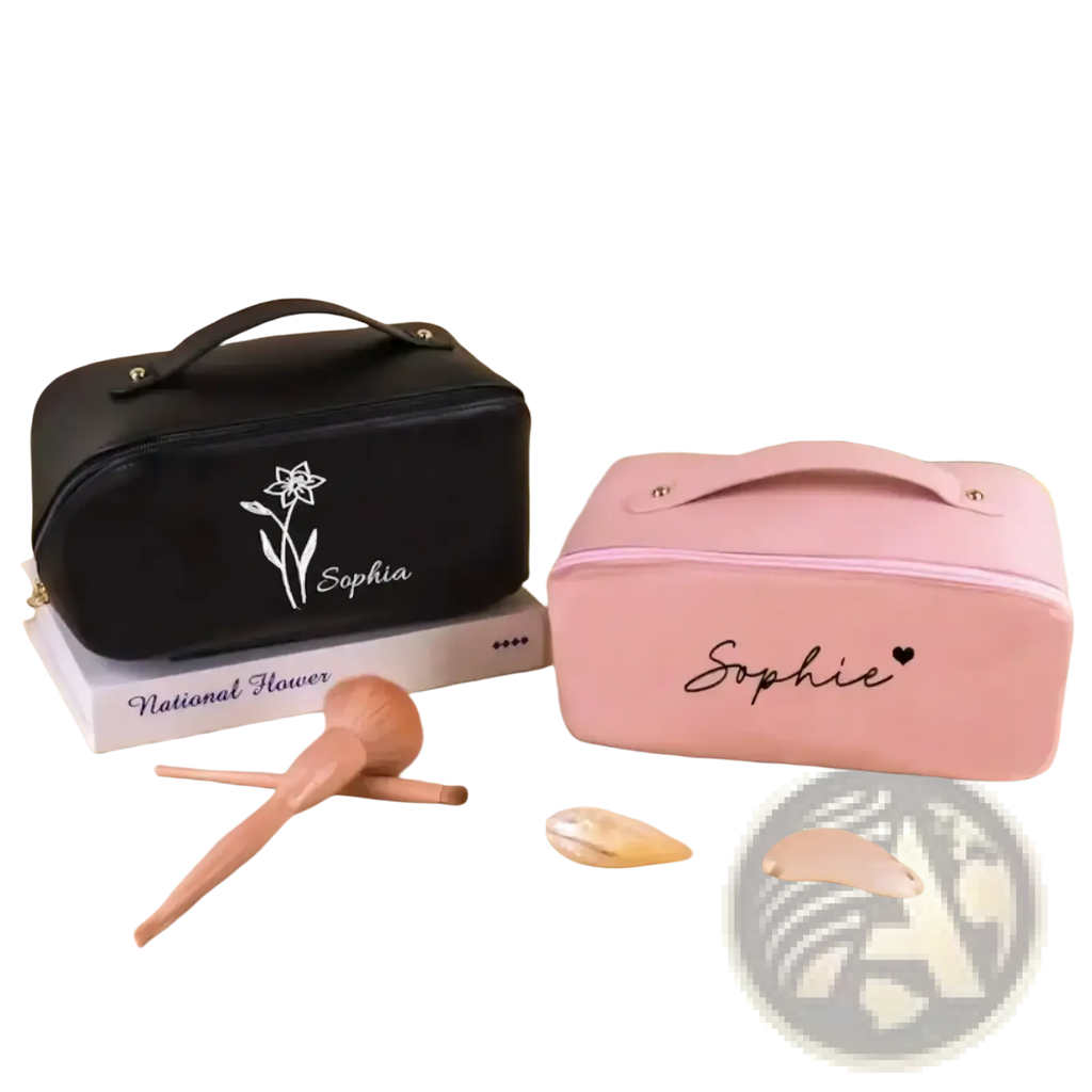 Personalised black and pink pu cosmetic bags with handles featuring white floral and cursive name designs for makeup storage