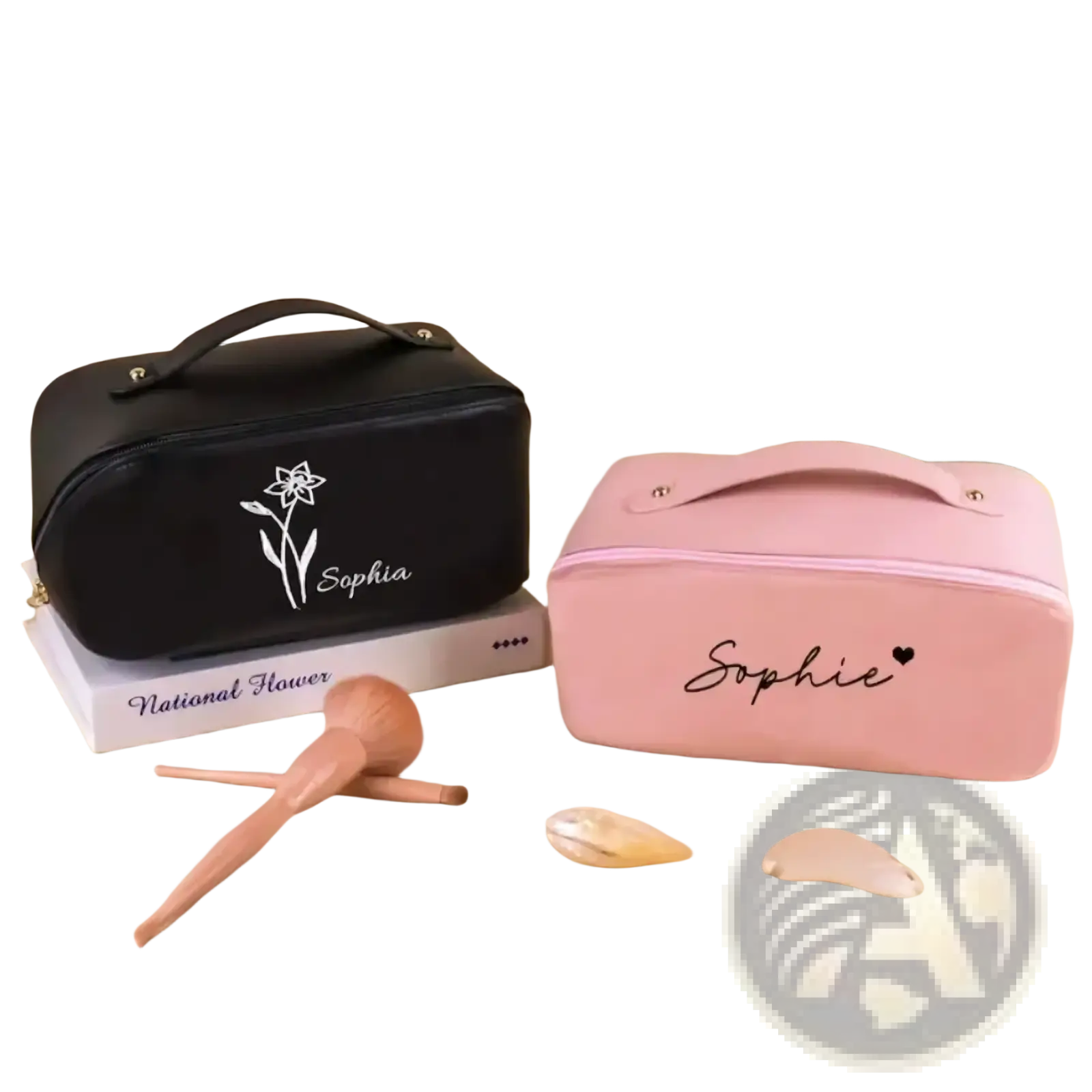 Personalised black and pink pu cosmetic bags with handles featuring white floral and cursive name designs for makeup storage