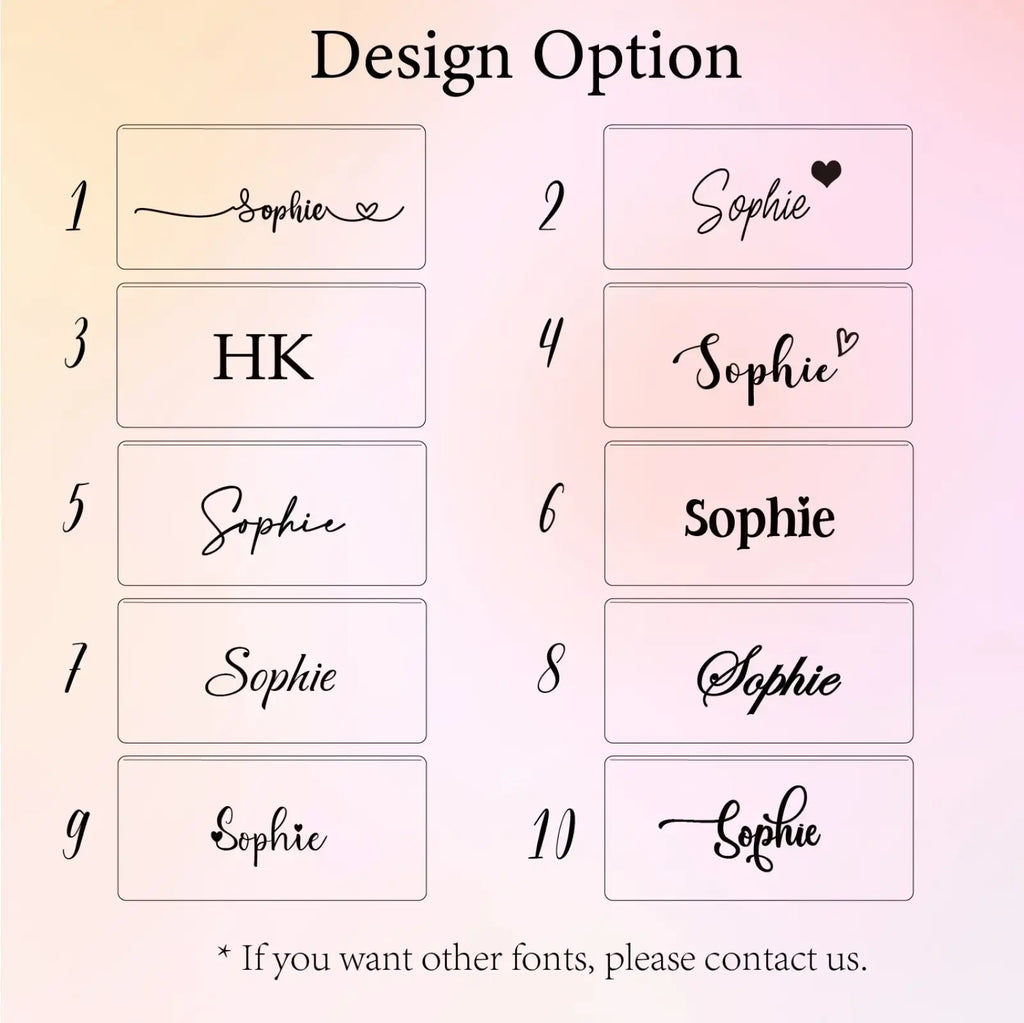 Personalised makeup bag custom pu cosmetic pouch with ten elegant name design options on soft pink gradient background